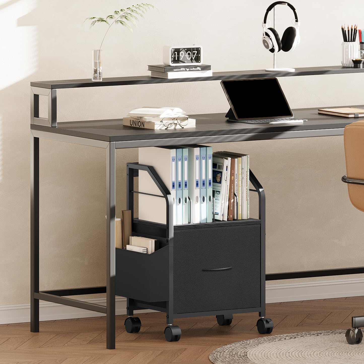 MAHANCRIS Small File Cabinet, Rolling Filing Cabinet for Under Desk with Divider, Single Non-Woven Fabric Drawer File Organizer for A4/Letter Size Documents, Under Desk Storage, Black FCBK3001