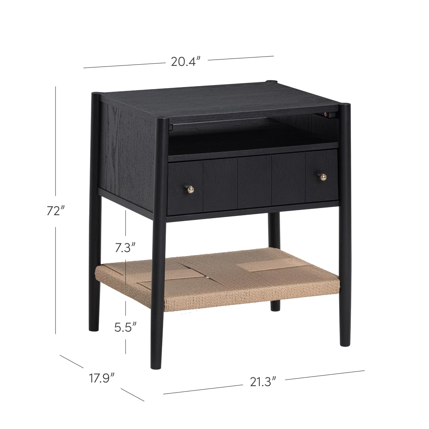 Nathan James Meads Wood Nightstand with Drawer, Vintage Nightstand with Seagrass Storage and Brass Handles, Black Oak