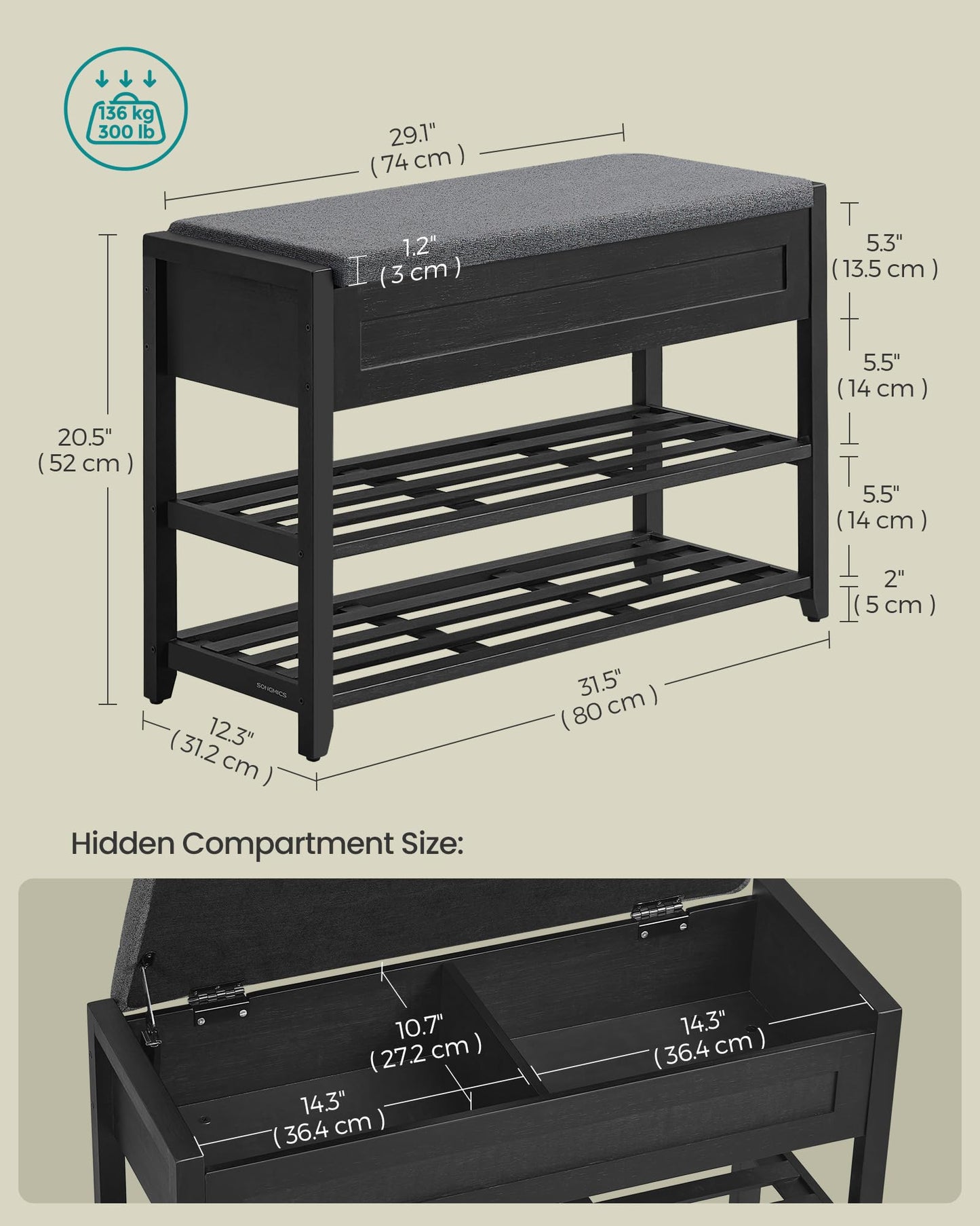 SONGMICS Storage Bench, Bamboo Shoe Rack, Entryway Furniture, 31.5 Inches Wide, Hidden Storage Compartments, 2-Tier Shoe Shelves, for Entryway, Living Room, Bedroom, Dorm, Ink Black ULSB056B01