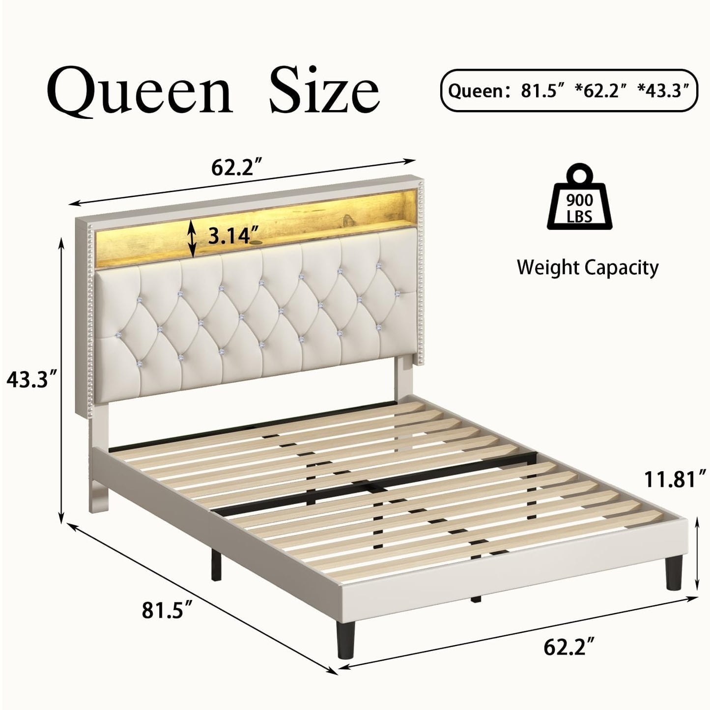 Queen Bed Frame with LED Lights, Velvet Upholstered Platform Bed with Storage Headboard and Charging Station, Queen Bed Frame with Diamond Design, Wood Slats Support, No Box Spring Needed, Beige