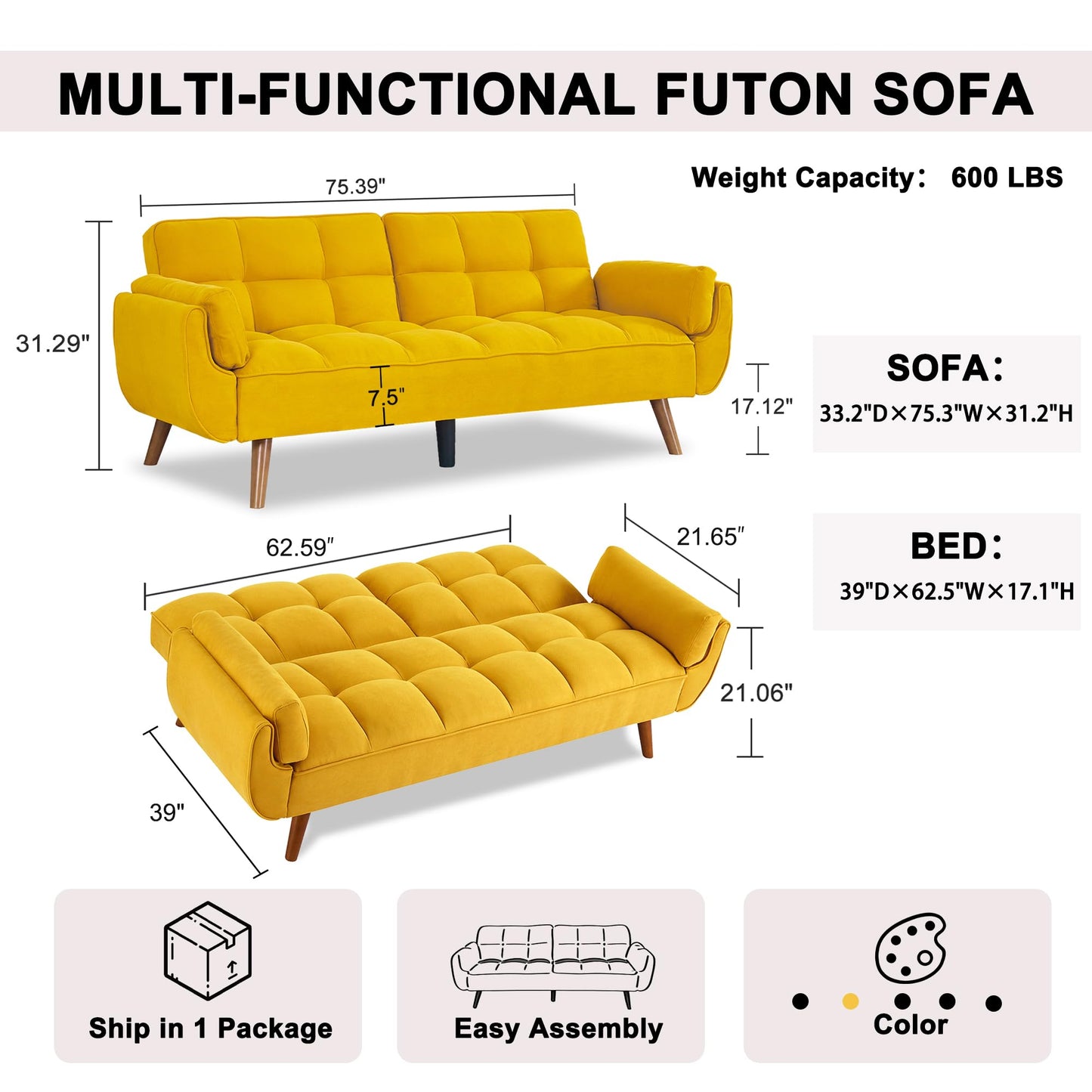 liuyouhom Convertible Futon Sofa Bed, Sleeper Couch Bed with Adjustable Backrests, Linen 3 Seater Small Couches for Small Spaces, Living Room, Bedroom(Yellow, 75")