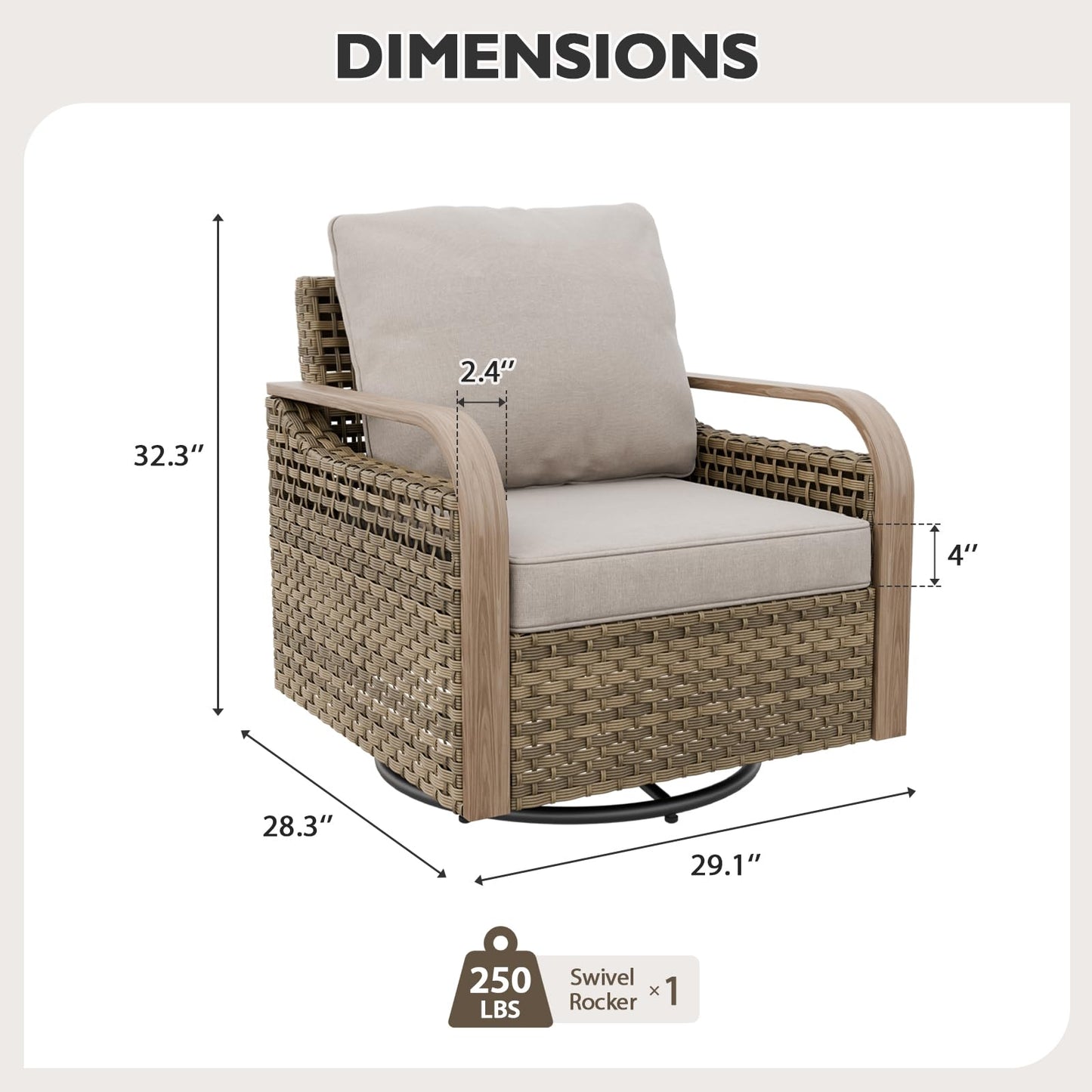 EAGLE PEAK Modern Wicker Outdoor Glider Rocking Chair, Swivel Rocker, Rattan Patio Furniture for Yard Deck Porch Garden, 1 Chair, Brown/Gray