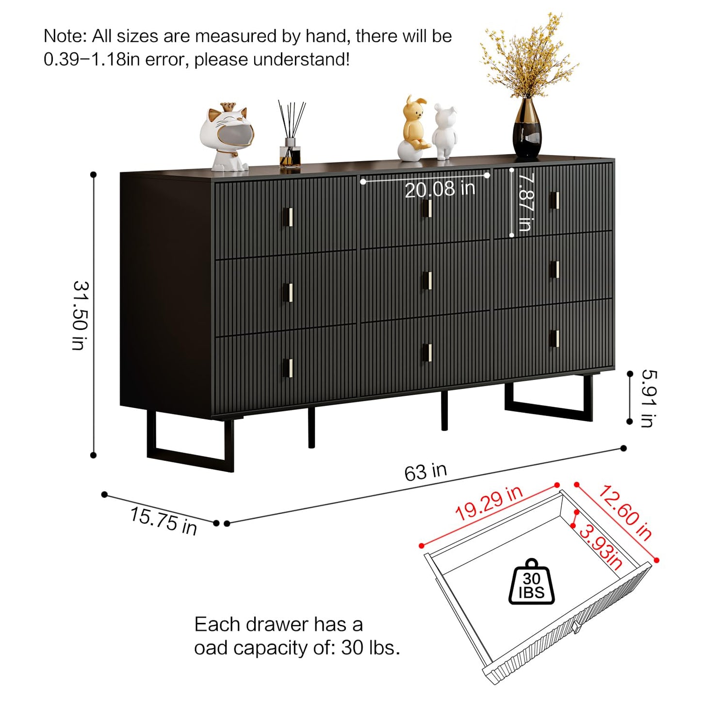 Chrangmay Modern Chest of Drawers with 9 Drawers,Deep Drawers,Clothes Organizer,Large Storage Cabinet for Living Room, Bedroom,Hallway,with Anti-Tipping Device,Matte Black