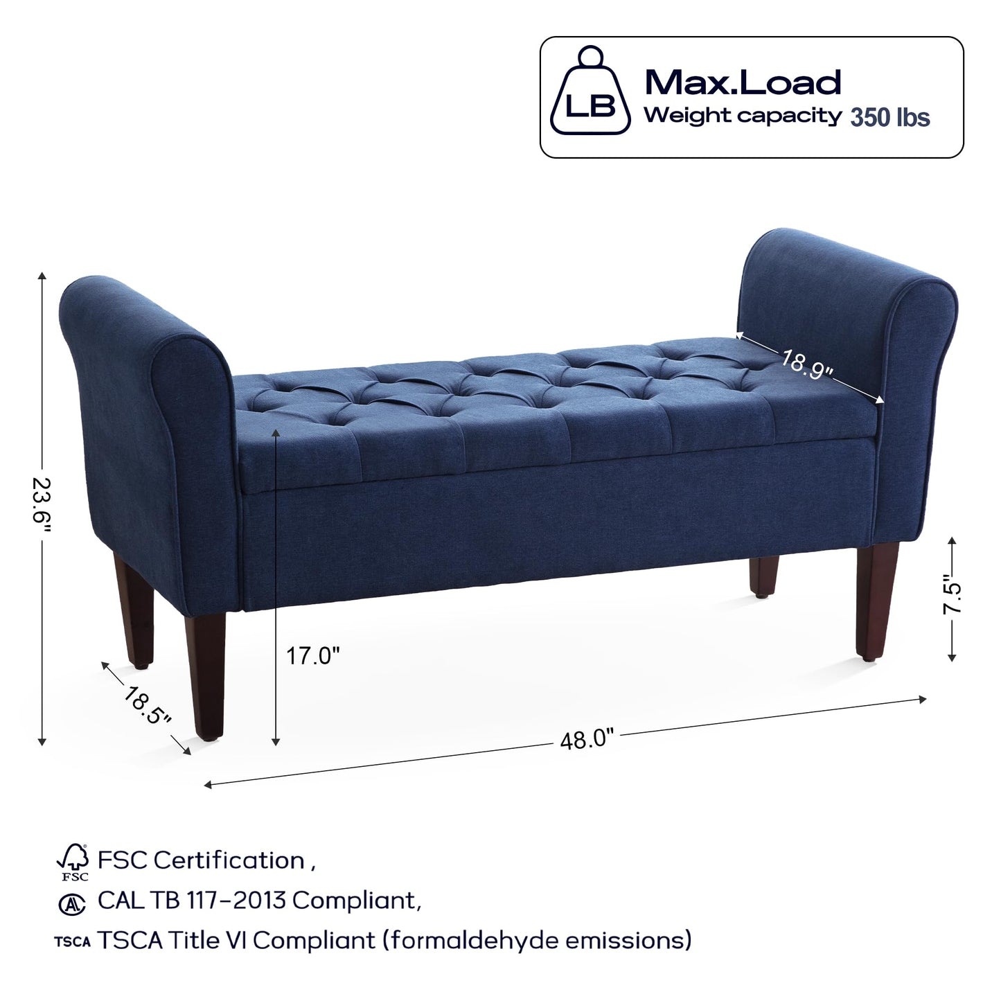 HUIMO 48" Arm Storage Ottoman with 7.5-inch Solid Wood Legs, Storage Bench, Upholstered Window Sitting Bench for Bedroom,End of Bed Bench Indoor, Livingroom, Entryway (Dark Blue)