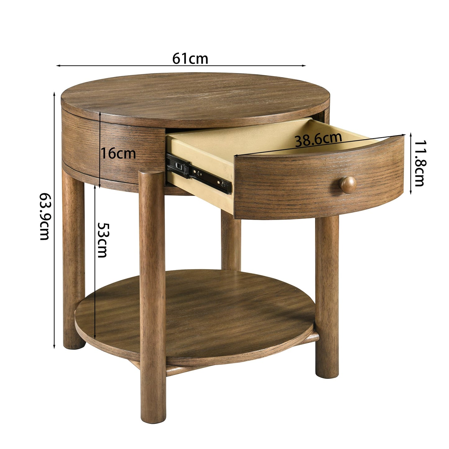 Solid Wood 2-Tier Round End Table with Drawer, 24" Small Sofa Side Table with Storage Oak Wood Accent Drink Table Modern Nightstand with Shelf for Living Room Bedroom Office, Brown