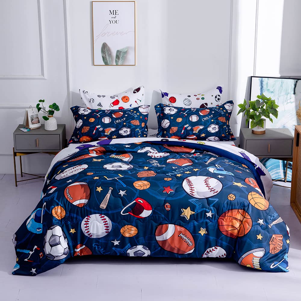 Wajade Sports Comforter Set - 7 Piece Queen Bedding with 3D Soccer, Basketball, Baseball, Football Design for Kids