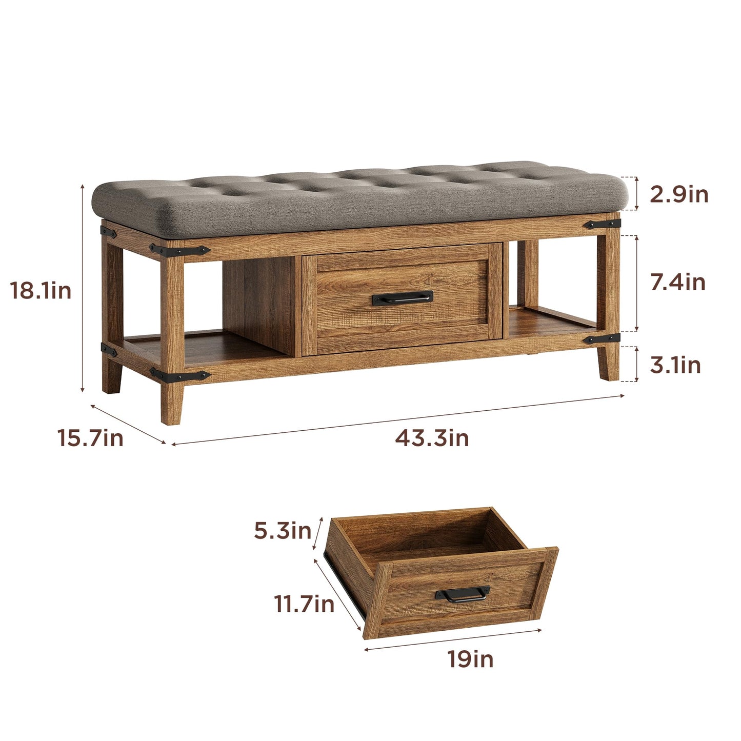 Maupvit Entryway Bench with Shoe Storage, Shoe Rack with Cushion for Living Room, End of Bed Bench for Bedroom, 15.7" D x 43.3" W x 18.1" H