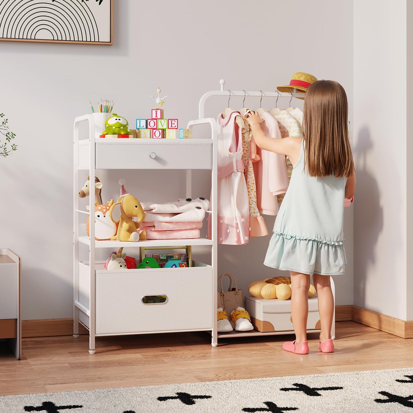 BBLIKE Kids Clothing Rack - Baby Clothes Organizer with Bottom Storage Shelf, Garment Rack With Storage Box for Hanging Clothes, Coats, Skirts, White