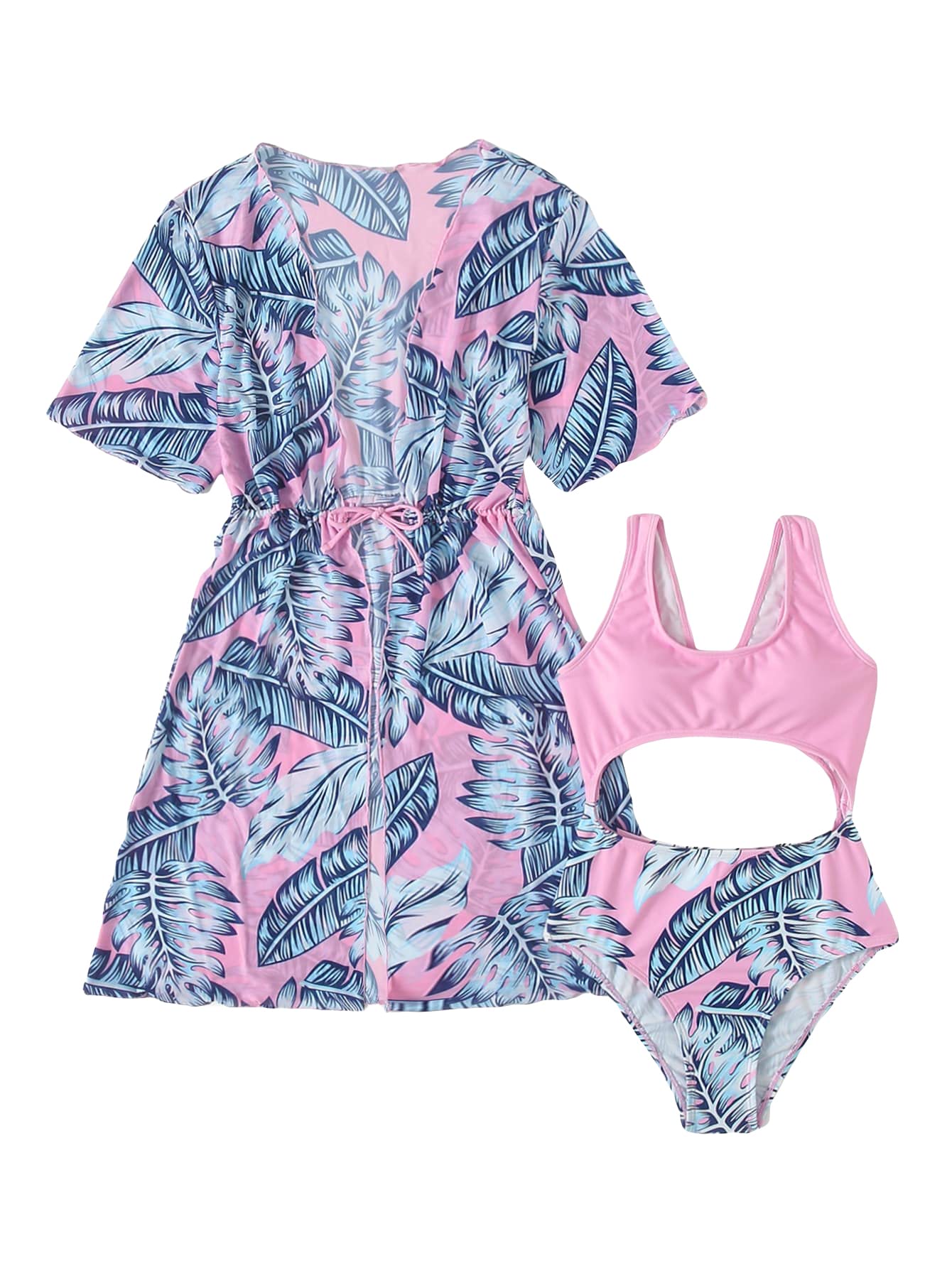 OYOANGLE Girl's Tropical Print Cut Out One Piece Swimsuit with Kimono Cardigan Cover Up Blue and Pink 11-12Y
