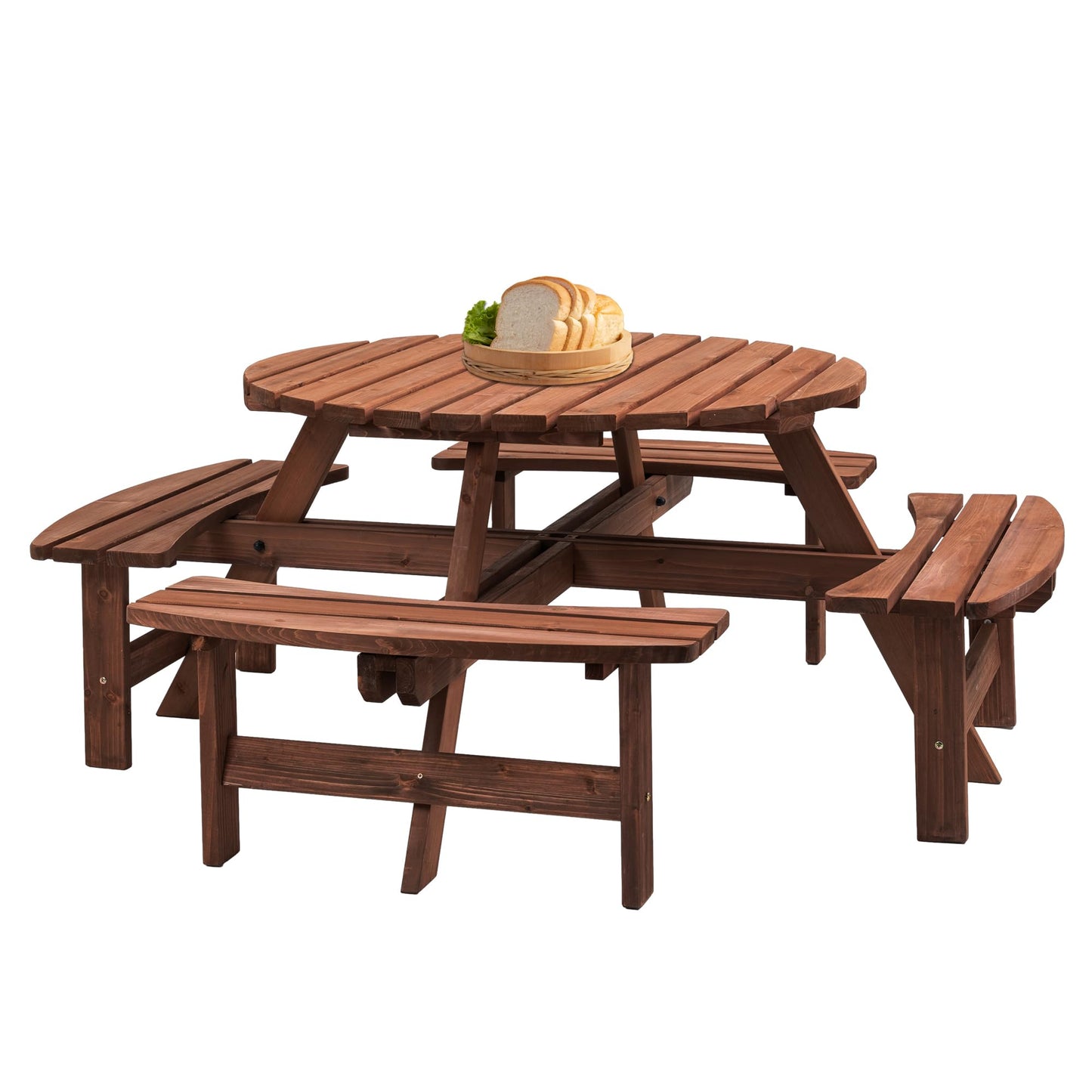 Becivy 8 Person Wooden Picnic Table Sets Outdoor Camping Dining Table with Seat Garden DIY w/ 4 Built-in Benches 2220lb Capacity - Brown