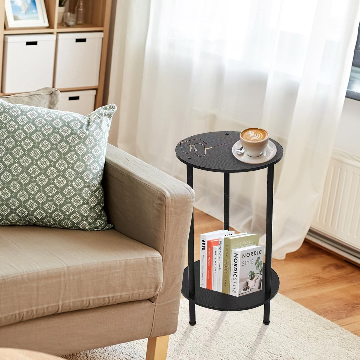 BITYODD Round Side Table Set of 2, 2-Tier End Table, Small Round Nightstands with Storage Shelf, Modern Accent/Coffee/Bedside Table for Living Room, Bedroom-Black