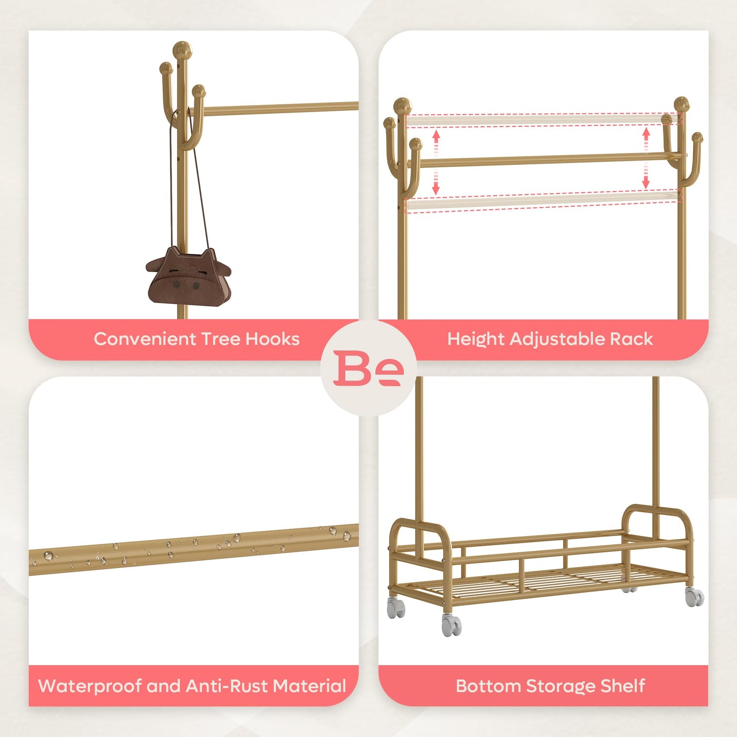Bestier Kids Dress Up Rack, Adjustable Height for Kids Clothes, Metal Rack with Wheels and Bottom Storage Shelf, Gold