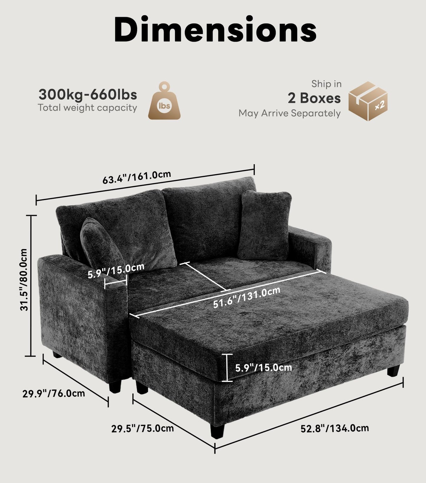 Tbfit 59.4'' Oversized Chaise Lounge Chair Indoor, Upholstered Loveseat Sofa with Storage Ottoman, Pillows & Armrests, Chenille Sleeper Chair, Comfy Couches for Living Room, Bedroom, Apartment, Black