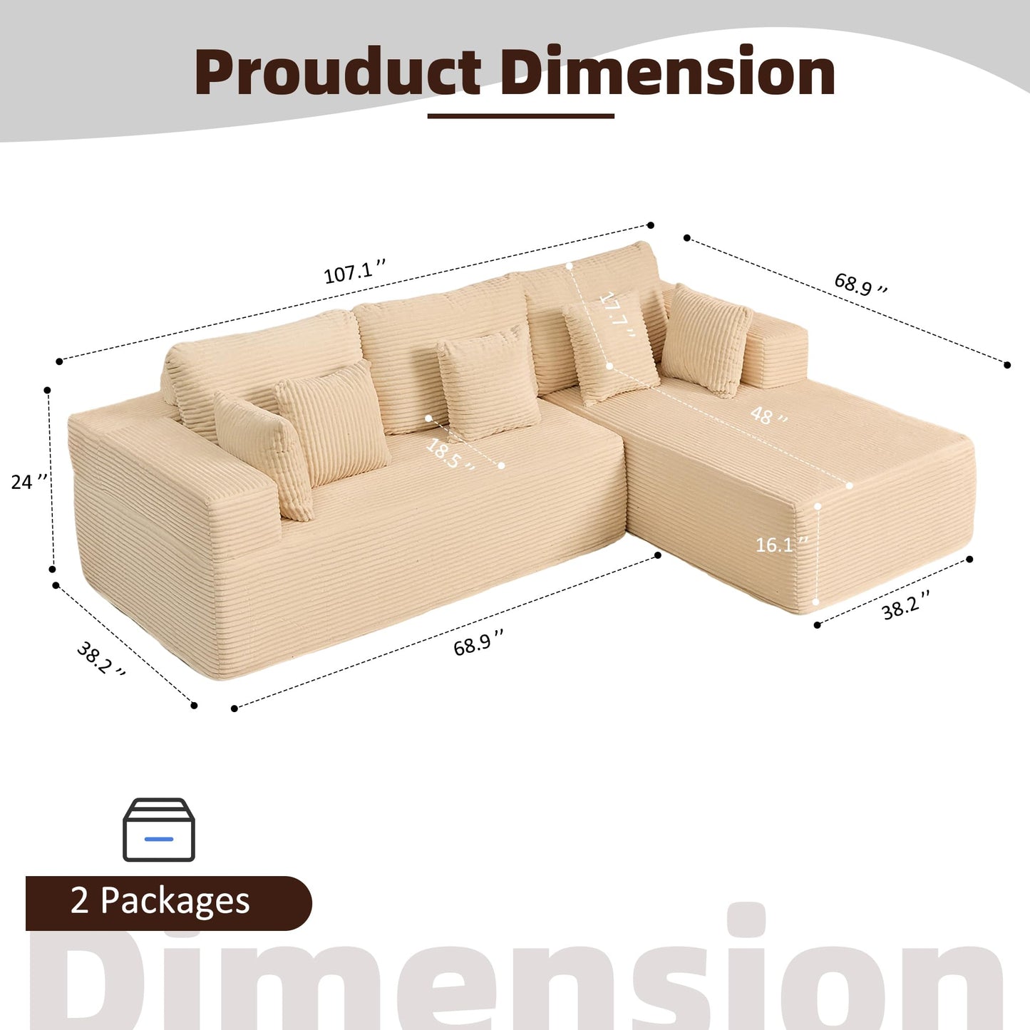 Afuson 107" Boneless Couch with Deep Seat, Modular Sectional Sofa, Cloud Sectional Couch for Living Room, No Assembly Required, Corduroy, L-Shape Right,White