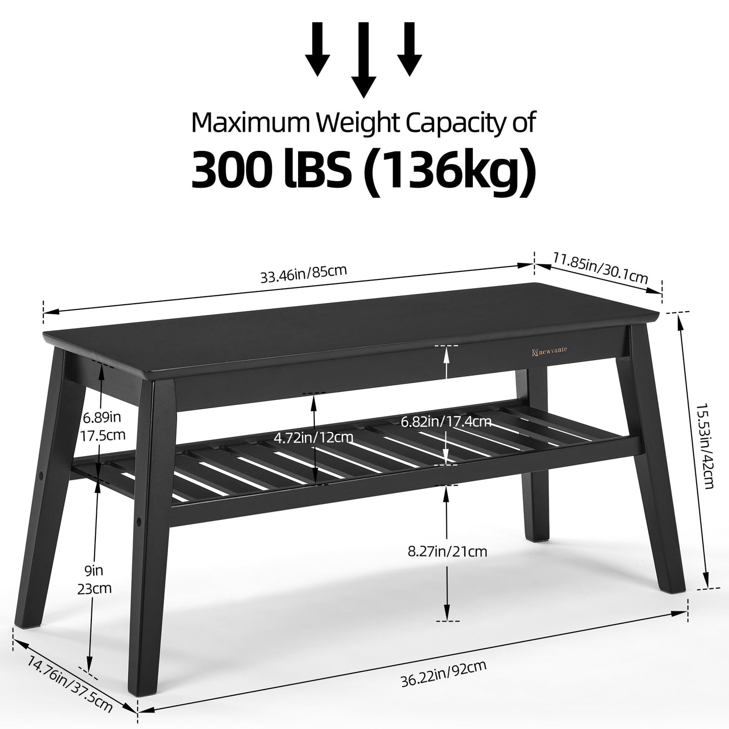 Nnewvante Bamboo Entryway Bench, 33.46" End of Bed Bench, 2 Tier Black Bench for Bedroom, Indoor Bench for Living Room, Dining Room, Hallway, Holds up to 300lbs