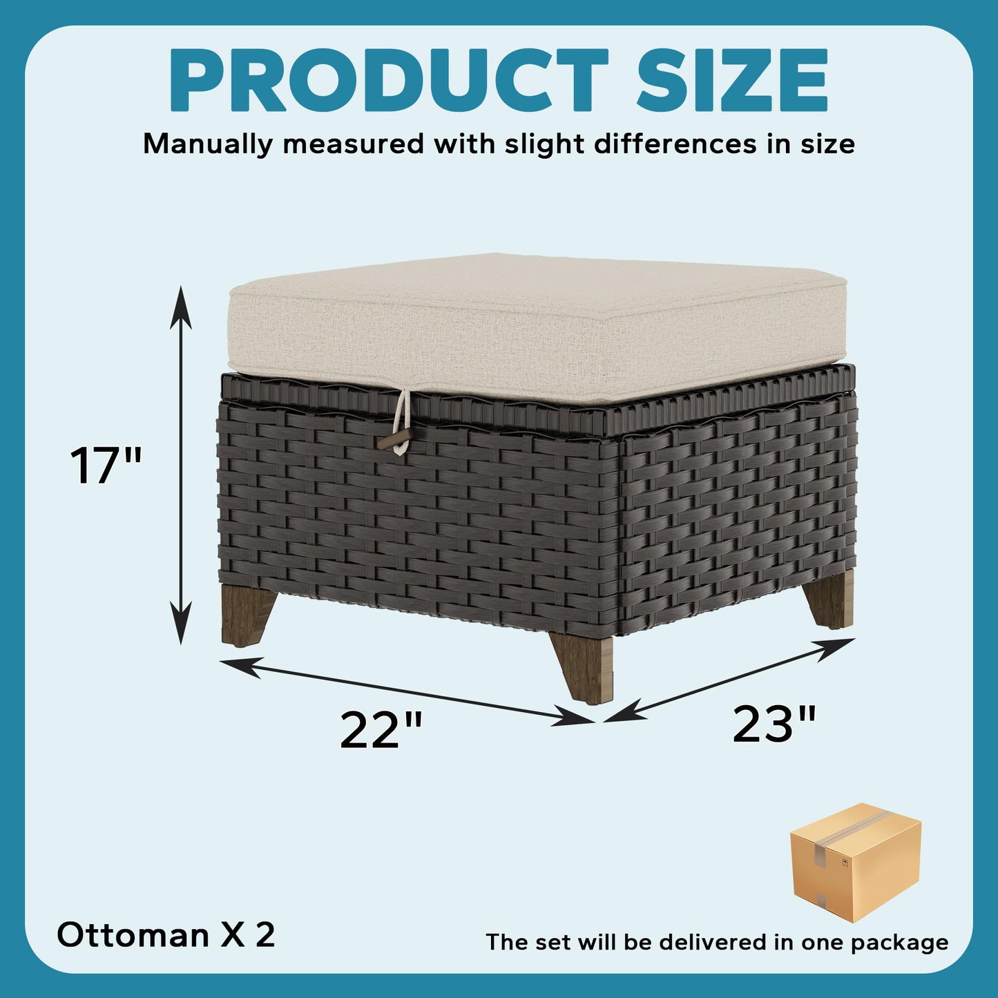 MeetLeisure 2 Pieces Patio Outdoor Ottomans with Removable and Washable Covers,PE Rattan Wicker Footstools for Porch, Garden, Sunroom (Beige)