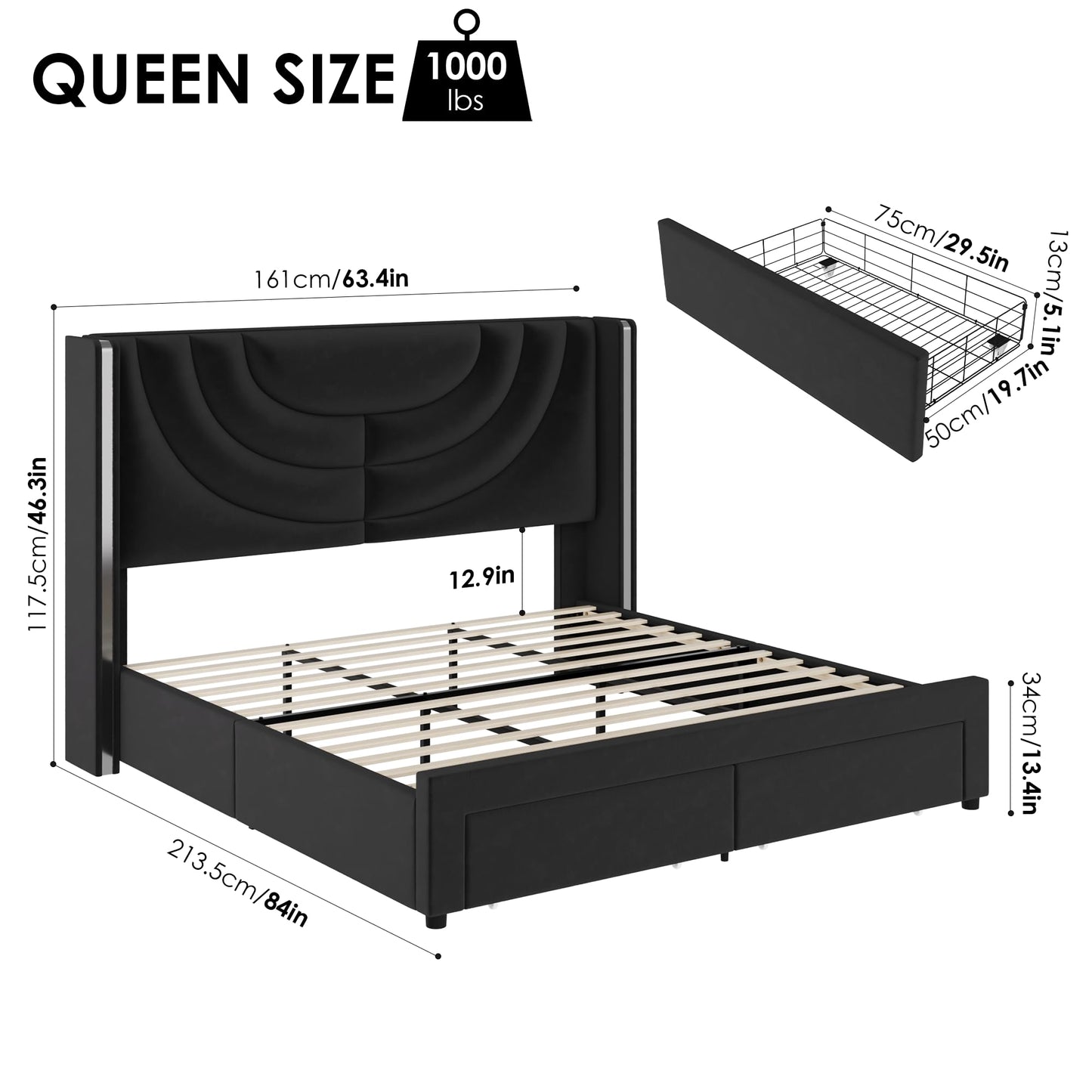 HITHOS Queen Upholstered LED Bed Frame with 2 Storage Drawers, Velvet Platform Bed with Wingback Headboard, Solid Wooden Slats Support, No Box Spring Needed, Headboard Splicing Design, Black