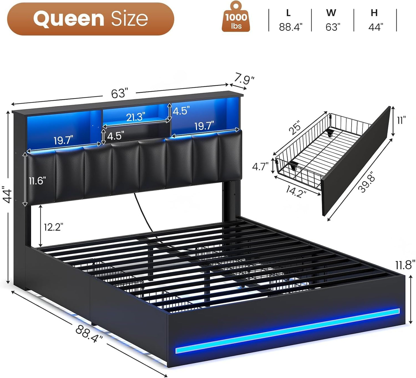 AOGLLATI Queen Bed Frame with Stylish Bookcase Headboard & Charging Station & LED Lights,Queen Size Bed Frame with 4 Drawers and Metal Slats, No Box Spring Needed,Black