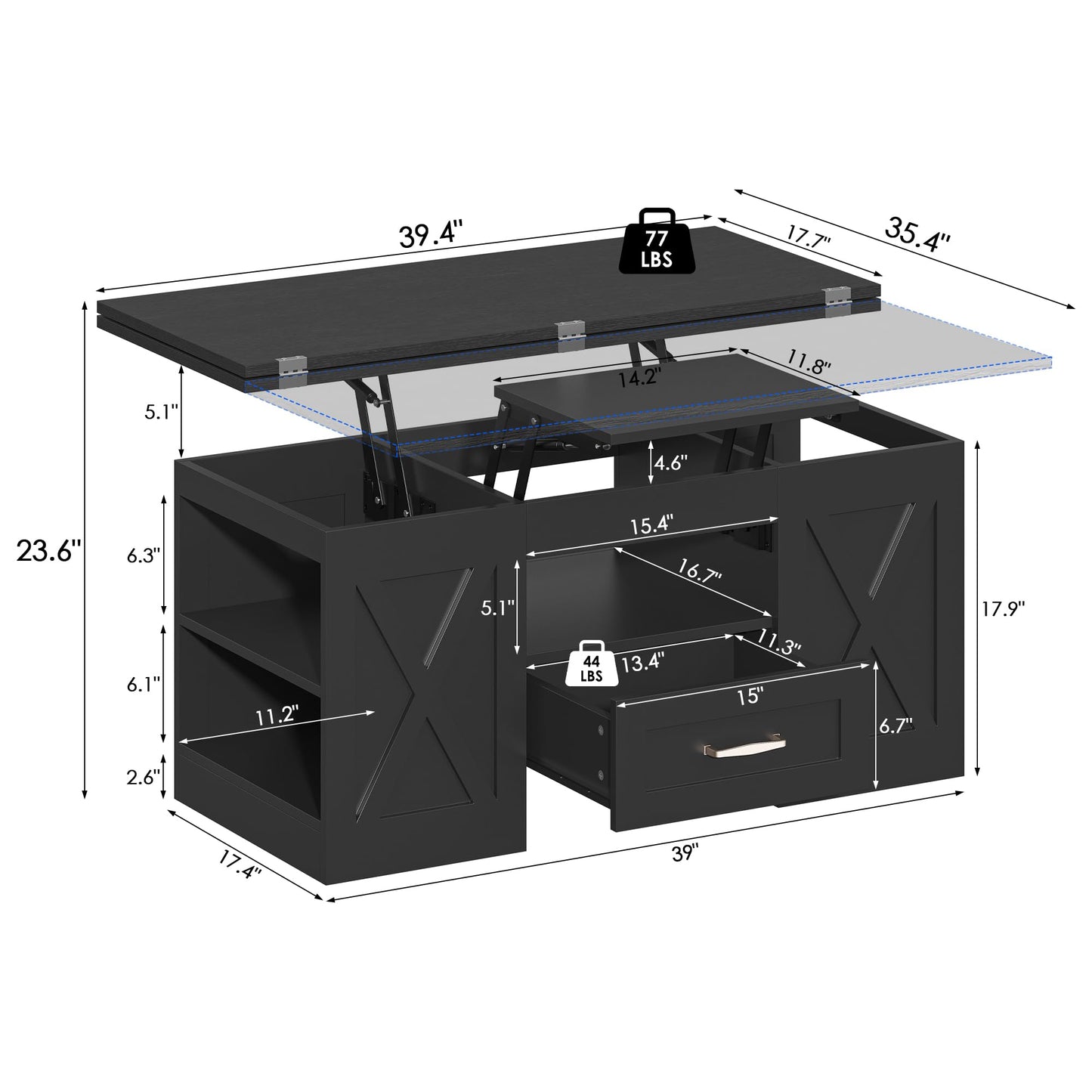 Nosepen Coffee Table, 39.37" Lift Top Coffee Table with Drawer & Open Storage Shelves, Large Rectangular Farmhouse Living Room Table, Center Table for Living Room, Home Office, Espresso, Black