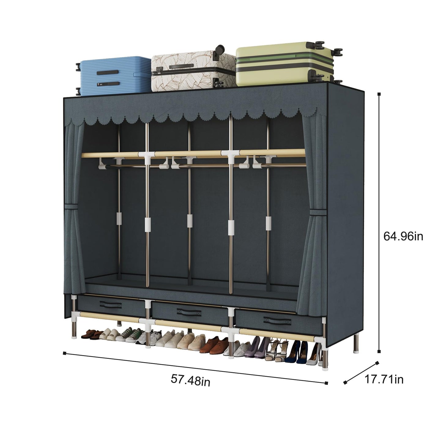 LEAIJIAFY Portable Wardrobe, Freestanding Closet Hanging Organization, Metal Frame with Gray Fabric Cover, 3 Storage Compartments, 3 Hanging Rods, 3 Drawers.