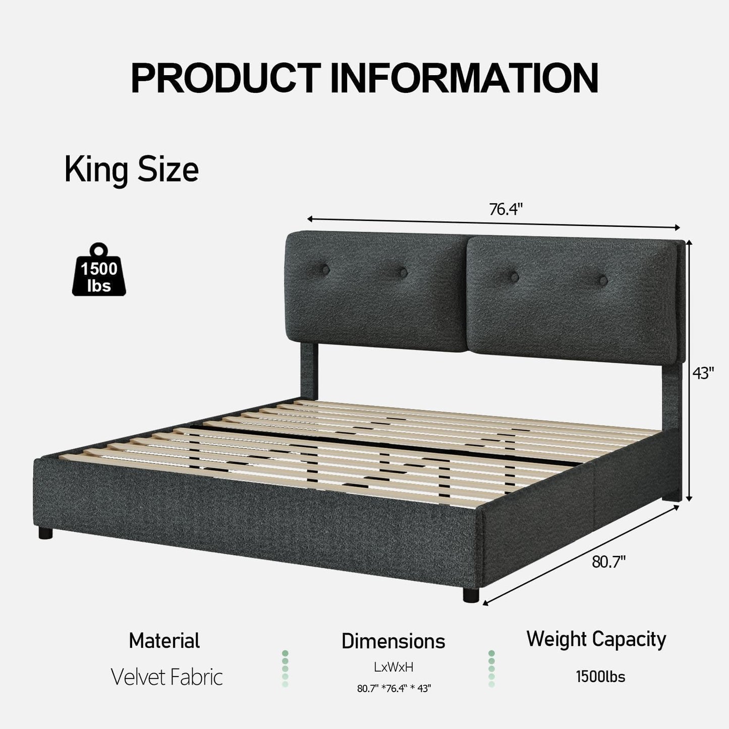 CHABUILDREARK King Size Bed Frame, Upholstered Boucle Platform Bed with Headboard, Cloud Bed Frames with Soft Headboard, Wooden Slats Support, No Box Spring Needed, Easy Assembly, Dark Grey