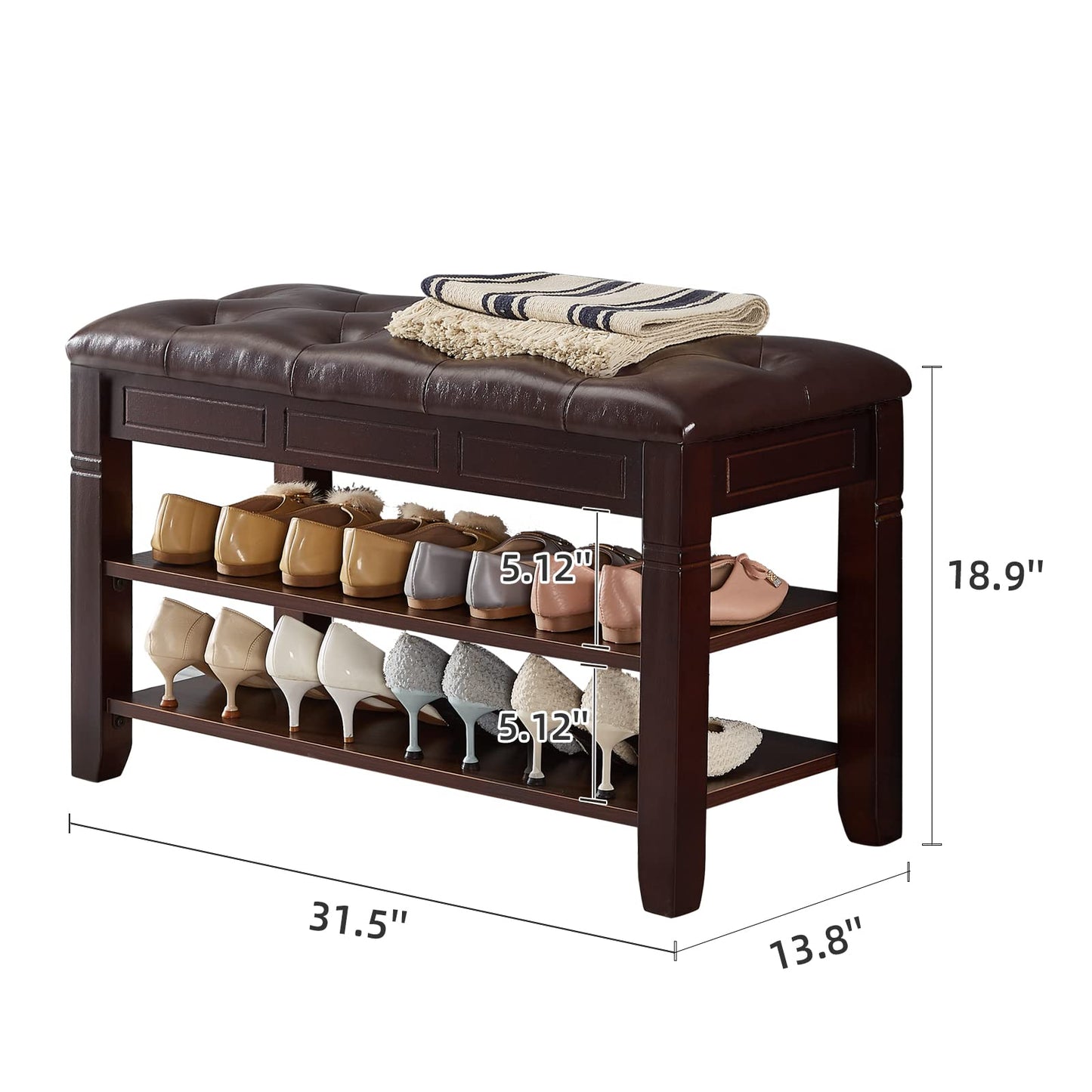 HOOTSMALL Shoe Storage Bench with Cushion, Entry Bench with Storage Solid Wood Shoe Bench Ideal for Entryway Living Room and Corridor (Brown, 31.5'')