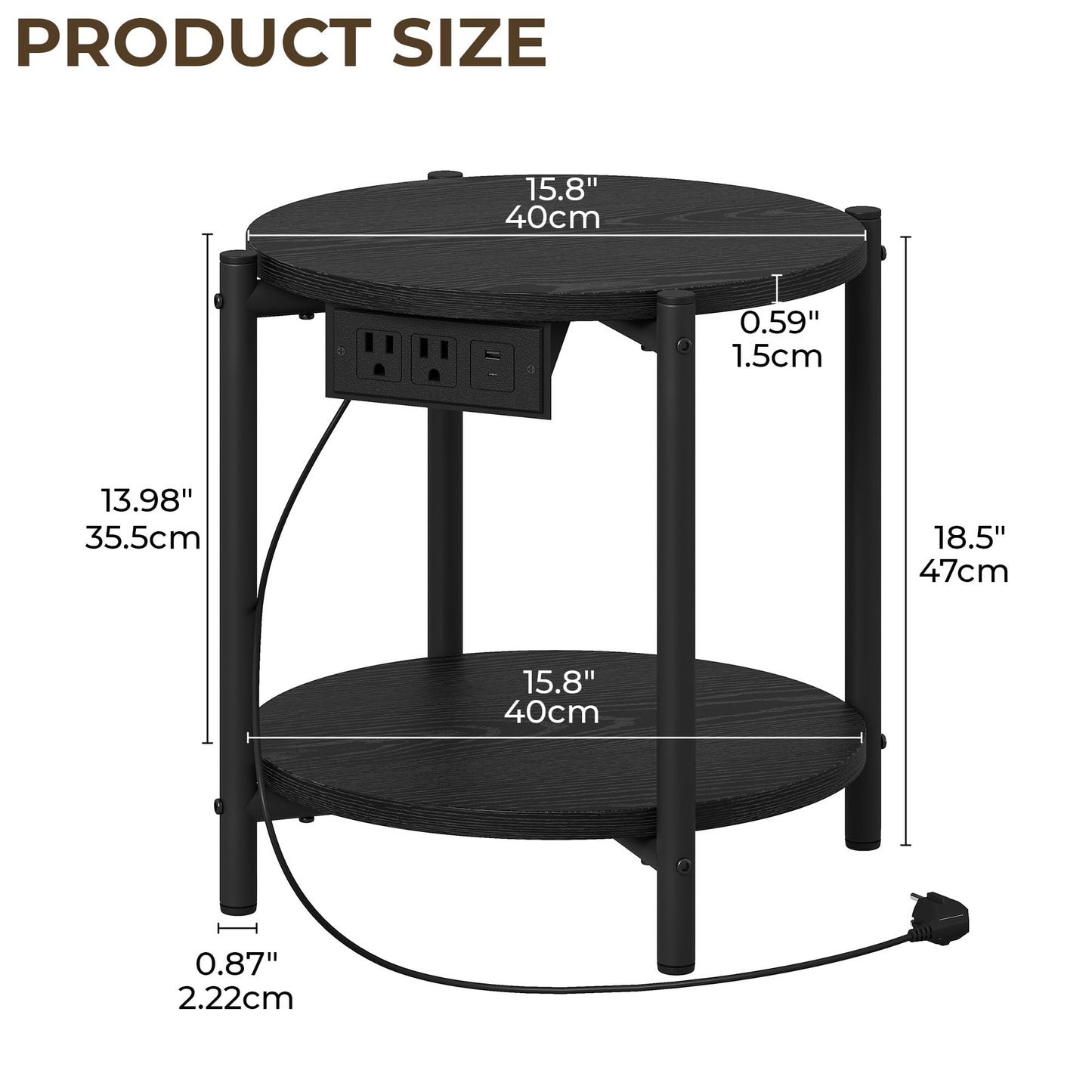 LIKIMIO Round Side Table with Charging Station, 2-Tier Wooden End Table with Lower Shelf, 15.8" W Modern Wooden Nightstand for Small Spaces, Living Room, Bedroom, Black