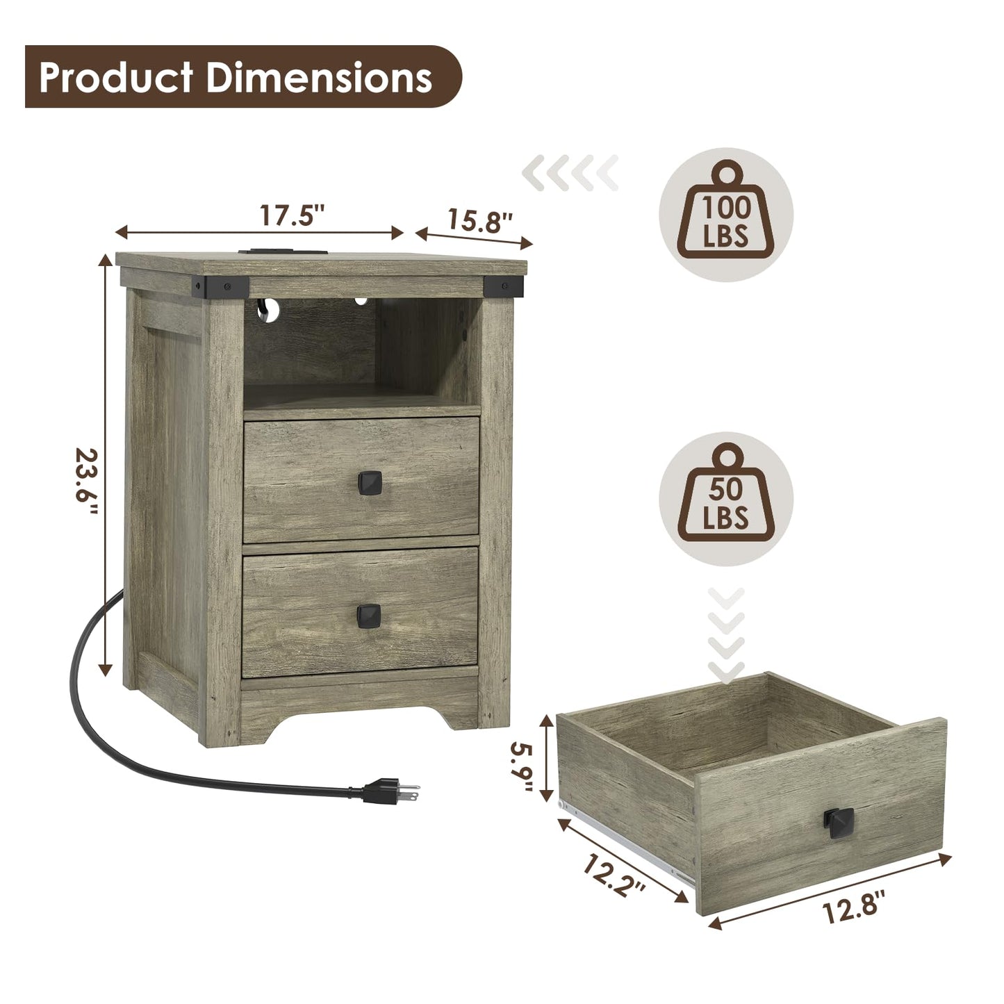 RexTact Farmhouse Nightstand with LED Lights and Built-in Power Outlets & USB Ports,17.7"D x 17.7"W Bedside Table with 2 Drawers and Open Storage Shelf, End Table for Bedroom,Home Study Storage,Gray