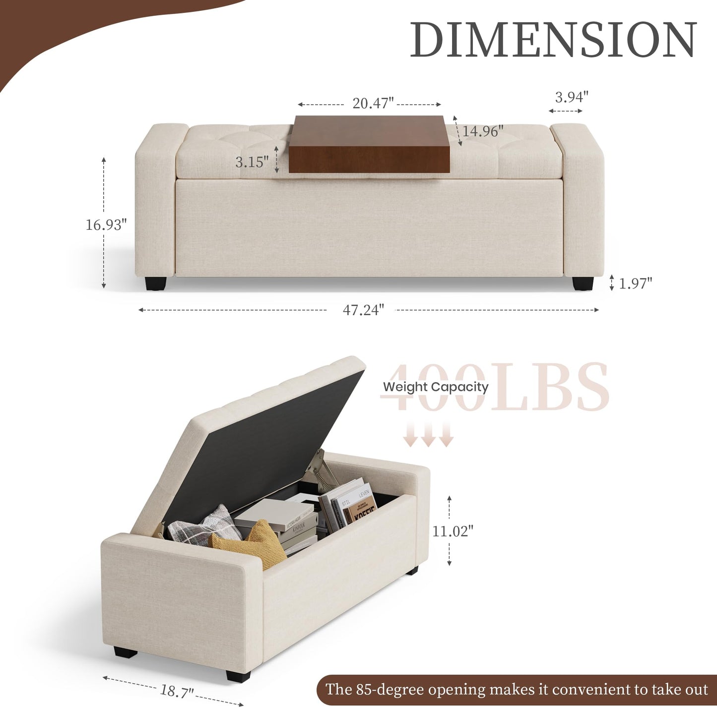 Atrtivoent 47" Ottoman Bench, Living Room Storage Bench with Removable Tray, Upholstered Tufted Window Benches, Ottoman Bench Seat with Storage for Bedroom, Entryway (Beige1, with Tray)