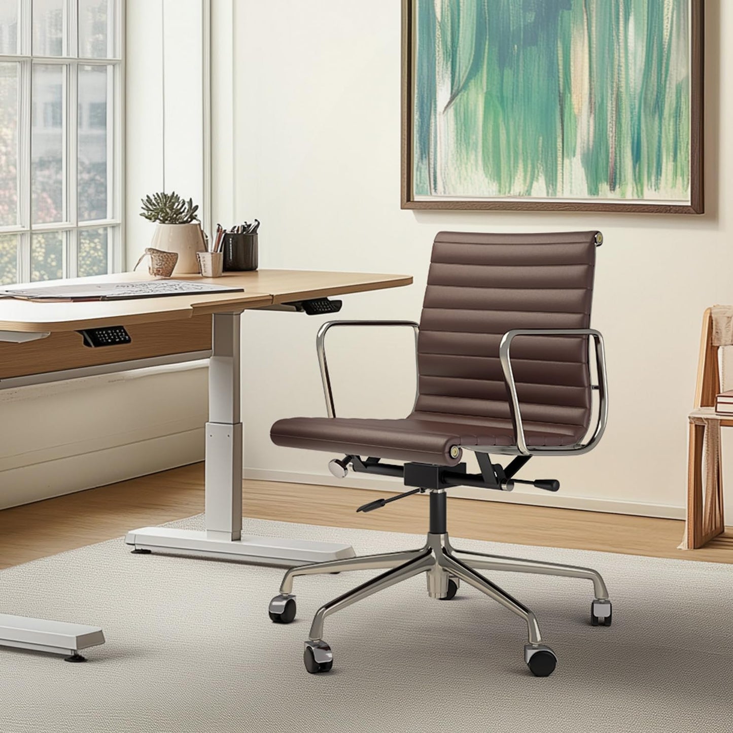 OTDMEL Ribbed Office Chair with Genuine Leather Contact Surfaces - Mid Back Ergonomic Desk Chair with Aluminum Arm Rest and 5-Star Base, Faux Leather Accents & Back Side, Swivel Chair Brown