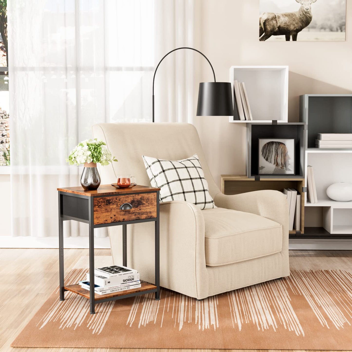 Furologee End Table with Storage Shelf and Fabric Drawer, 2 Tiers Industrial Nightstand, Bedside Table Organizer for Living Room Bedroom, Rustic Brown, Easy Assembly