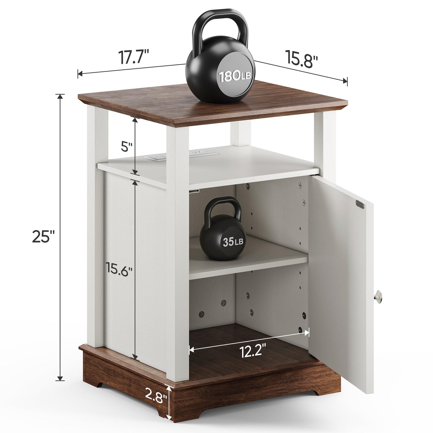 Farmhouse End Table with Charging Station, 18'' Wide Rustic Nightstand w/Rivet Barn Door & Adjustable Storage Shelf, Wood Sofa Side Tables w/Open Shelf & Storage Cabinet for Living Room, Bedroom