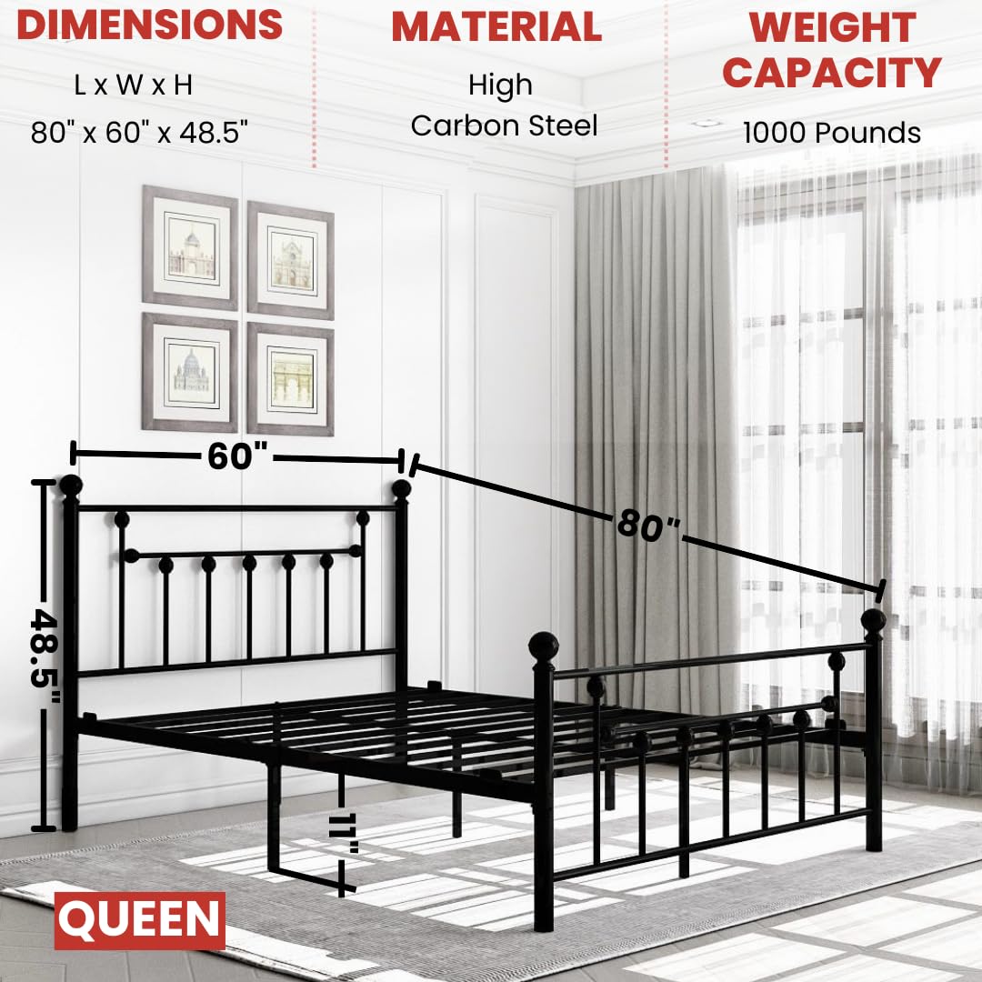 Golden Gate Beds Victorian Style Metal Platform Bed Frame with Antique Wrought Iron-Art Headboard and Footboard, Classic Cama Steel Mattress Foundation, No Box Spring Needed, Queen Size, Black Finish