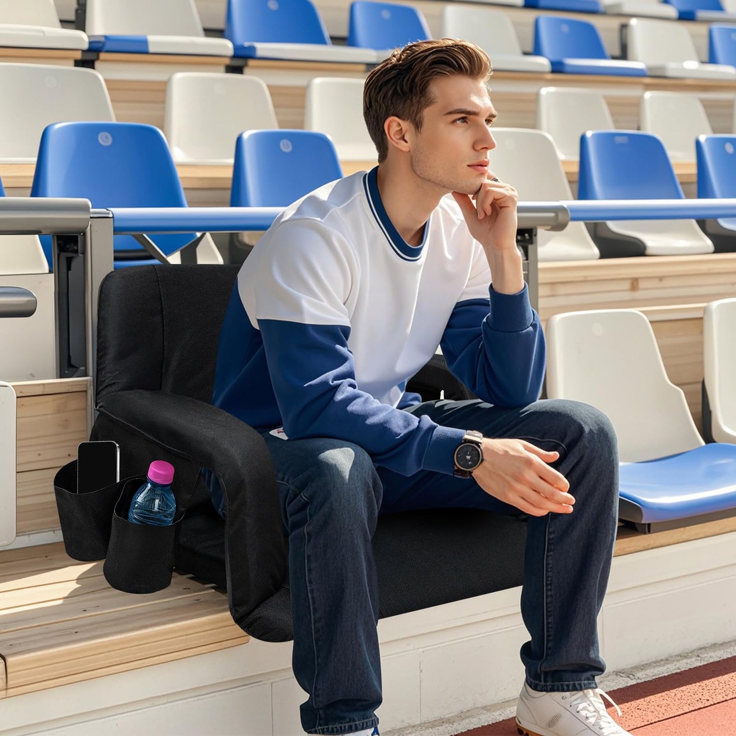 Stadium Seats with Back Support, Wide Bleacher Chairs with Back and Cushion, Armrests, 4 Pockets, Portable Reclining Bleacher Seats for Sport Events, Beaches, Camping, Concerts