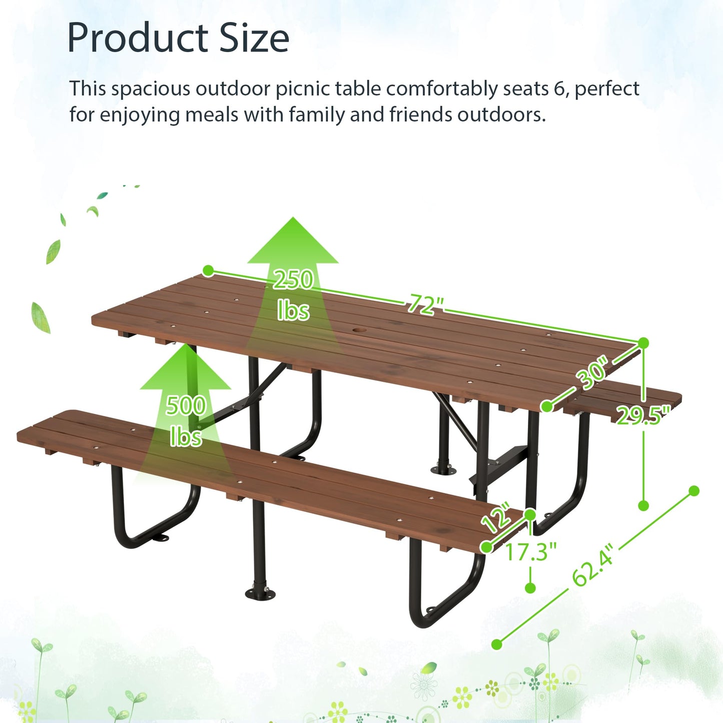 DOPERFE 72" Wooden Picnic Table, Picnic Table with Benches, Steel Frame with Umbrella Hole 1.97" for Patio Party Barbecue Party (Brown + Black, 72")