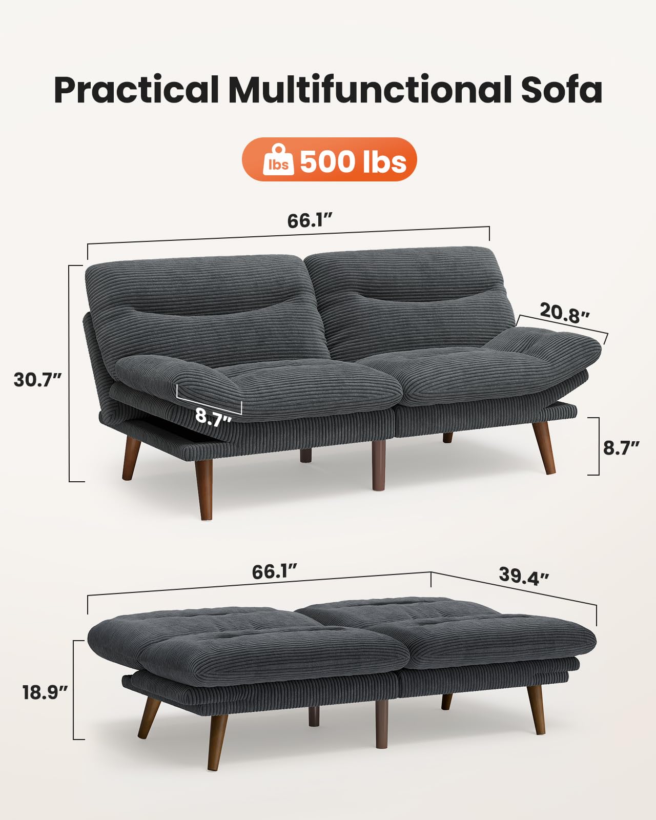 AMADA HOMEFURNISHING Convertible Futon Sofa Bed,66″ Grey Futon with Adjustable Backrest & Armrests,Folding Sleeper Recliner for Small Spaces, Play Room Or Office, Corduroy Small Couch