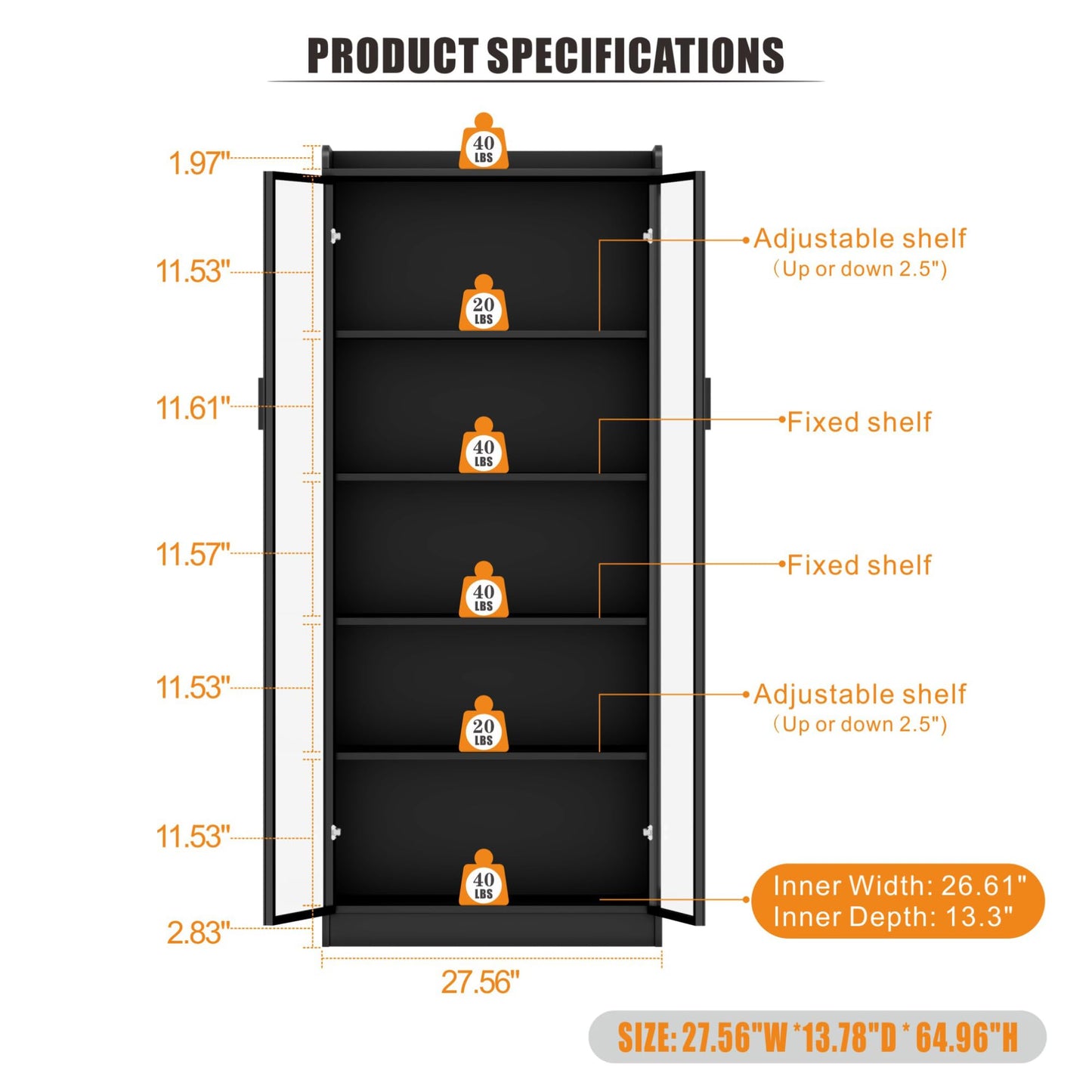 Display Cabinet with Doors and Adjustable Shelves, 65" Tall Bookcase with LED Lights/Human Sensor, 5 Tier Display Case for Collectibles Bedroom Living Room Office, Black