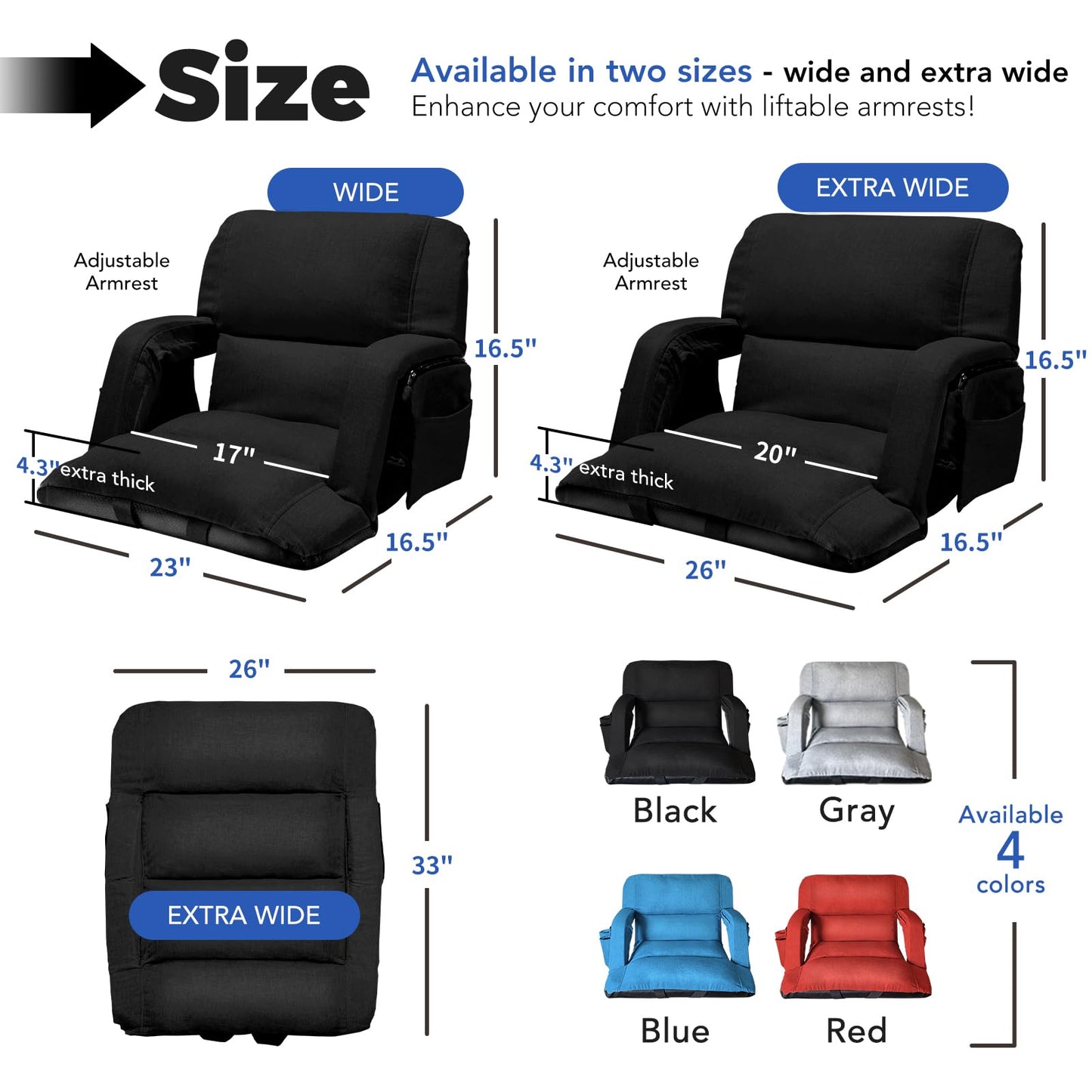 Extra Wide Stadium Seats With Back Support 2 Pack, Exclusive "Sofa Style" Design Thick Bleacher Chairs With Back and Cushion, 6 Reclining Positions - Ultimate Comfort for Sports Events (Black, 25")