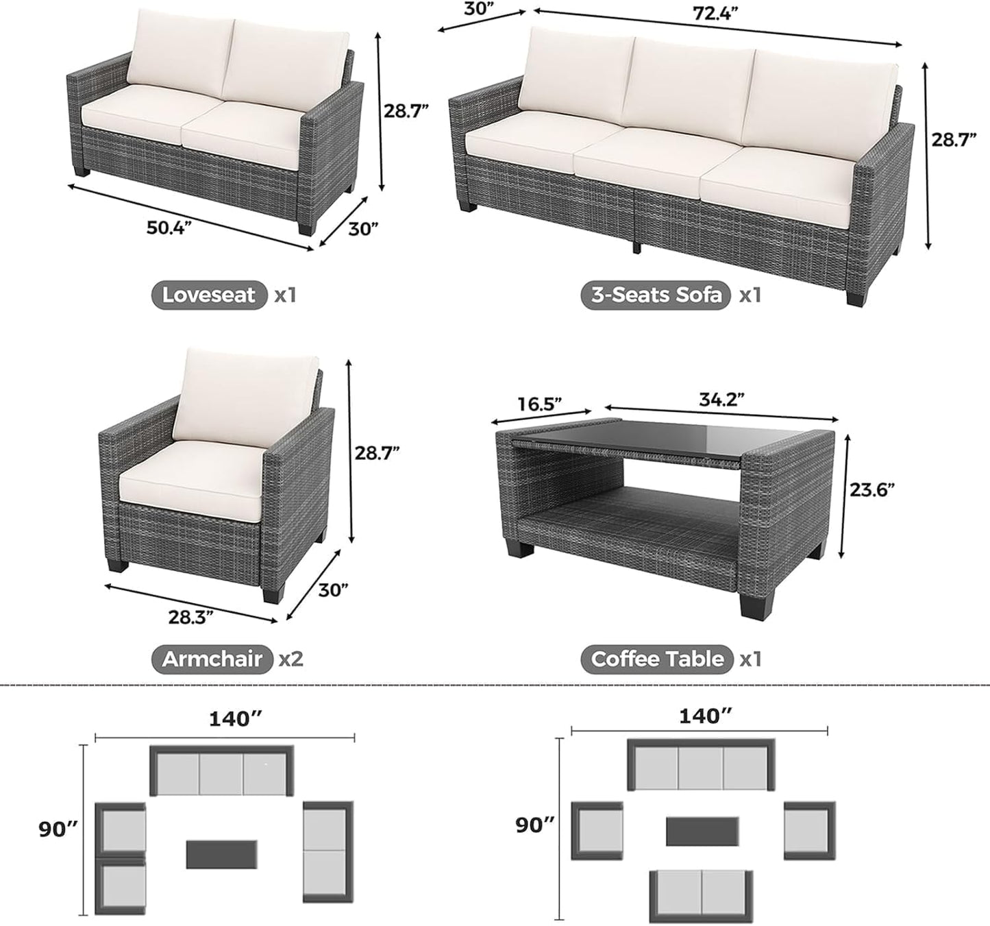 GAOMON 5 Piece Outdoor Patio Furniture Sets, Wicker Conversation Set for Porch Deck, Gray Rattan Sofa Chair with Blue Cushion, Brown
