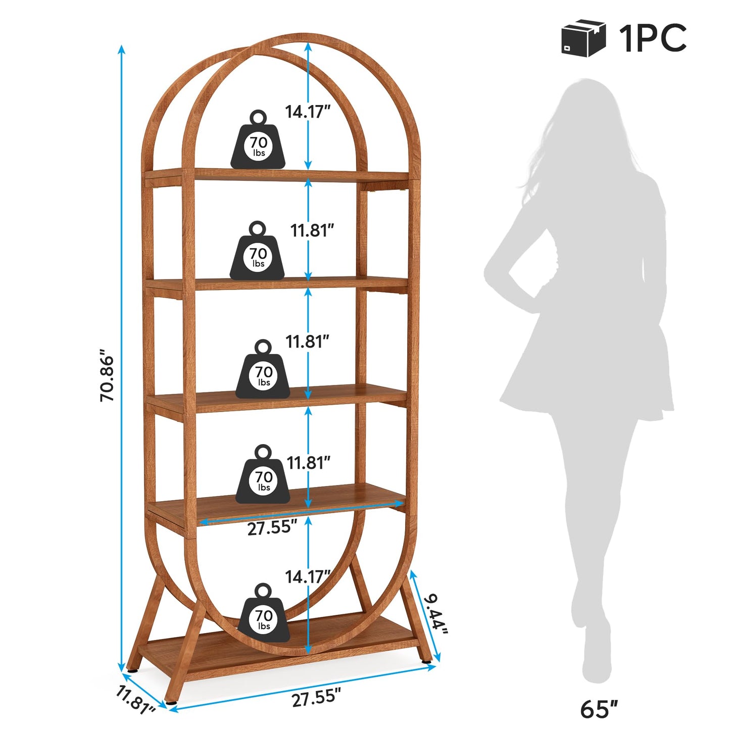 Tribesigns 5-Tier Open Bookshelf, 70.8" Tall Arched Bookcase, Modern Brown Storage Bookshelves, Freestanding Display Rack Shelving Unit for Office, Bedroom, Living Room, Easy Assembly