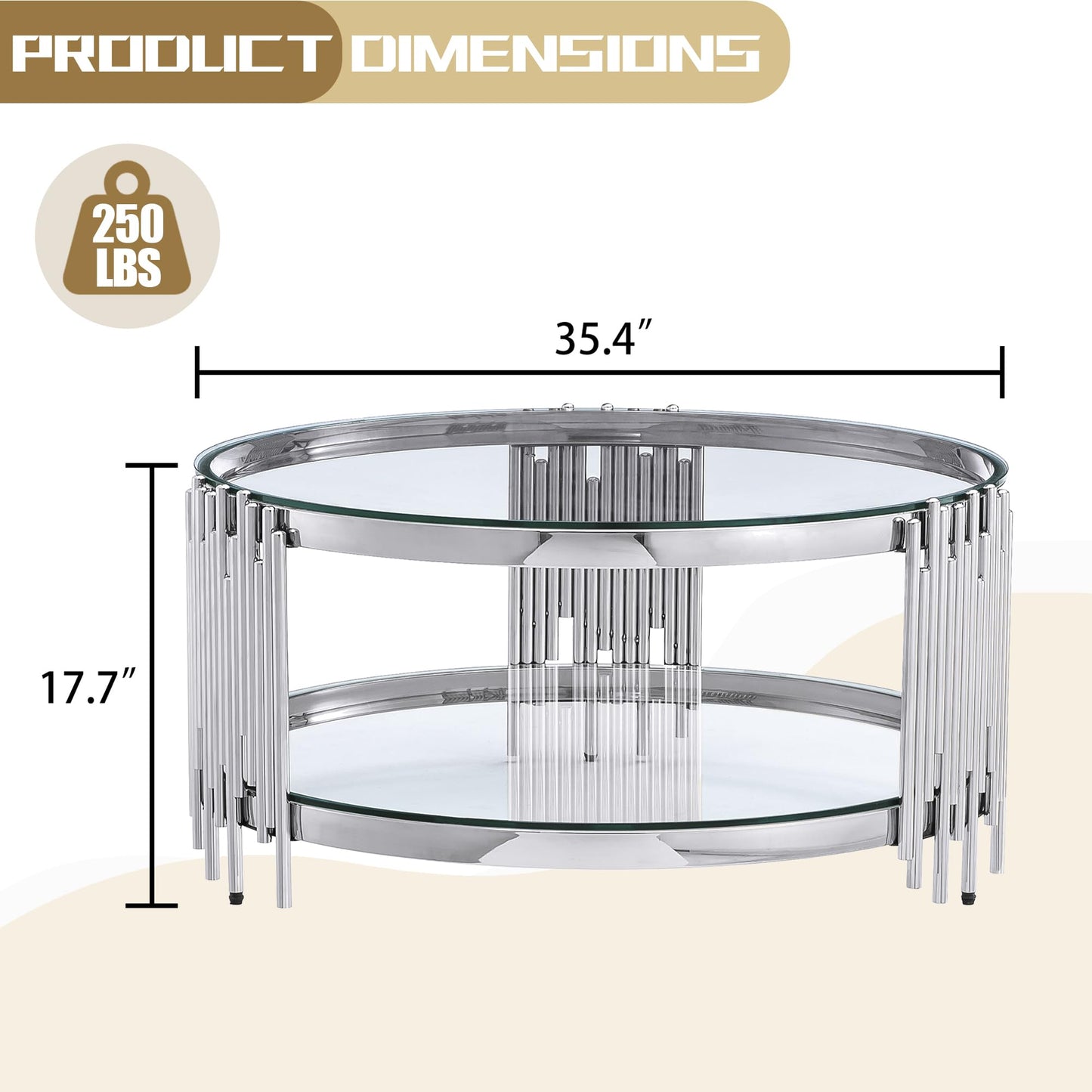 Round Glass Coffee Table, 35" Modern 2-Tier Center Table with Clear Tempered Glass Top and Silver Stainless Steel Base, Coffee Table for Living Room or Small Spaces