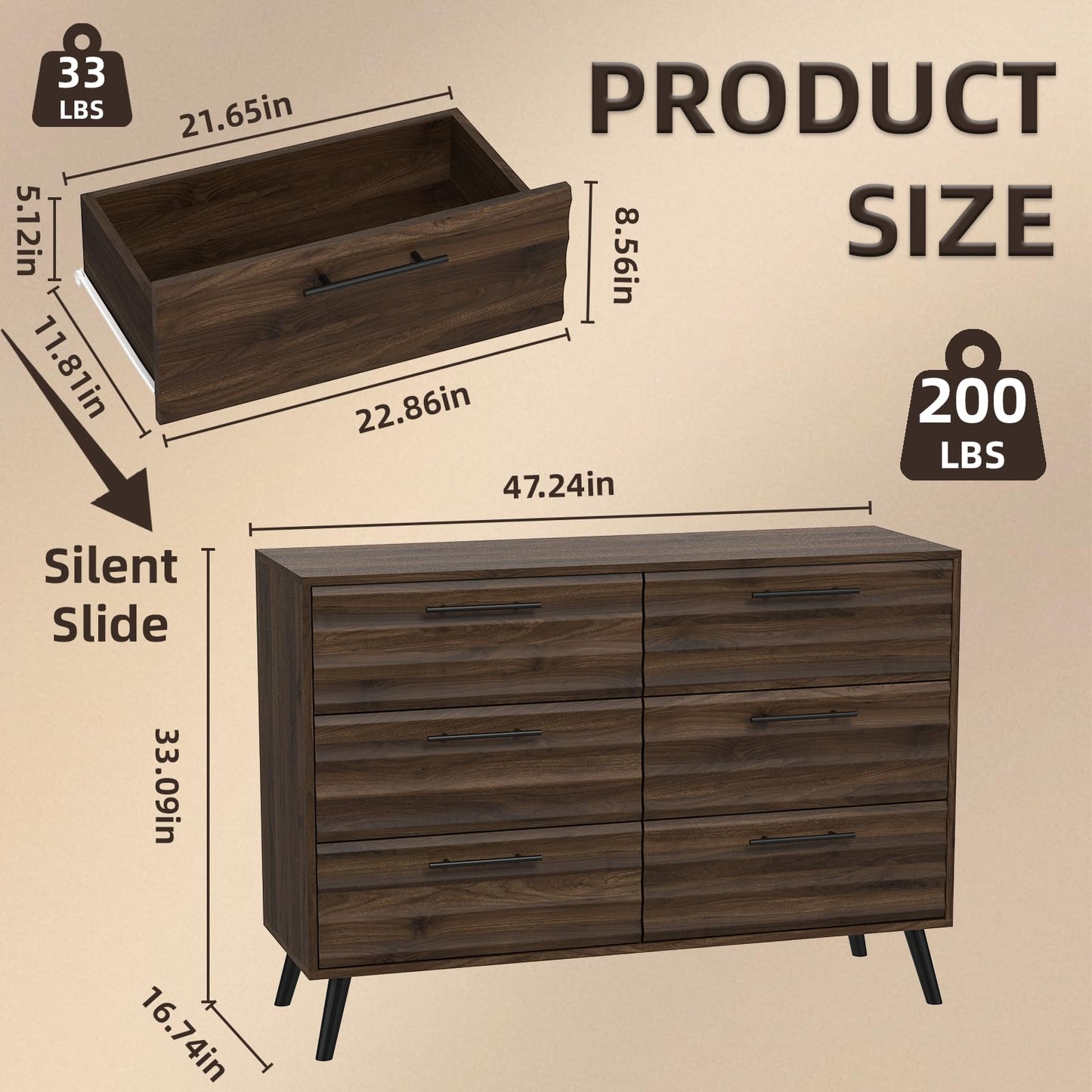 RQZ 6 Drawers Dresser for Bedroom, Walnut Chest of Drawers with Large Storage Capacity, Wooden Storage Dresser Organizer for Bedroom Nursery Living Room Hallway Closet (6-Drawer)