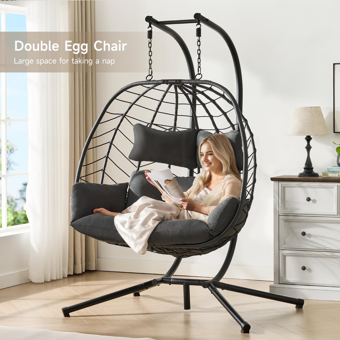 ONBRILL Double Egg Chair with Stand, Indoor Outdoor 2 Person Hammock Swing Chair with Cushions & Headrest, 650LBS Capacity Hanging Loveseat for Patio, Bedroom, Garden, Balcony (Black-Dark Gray)