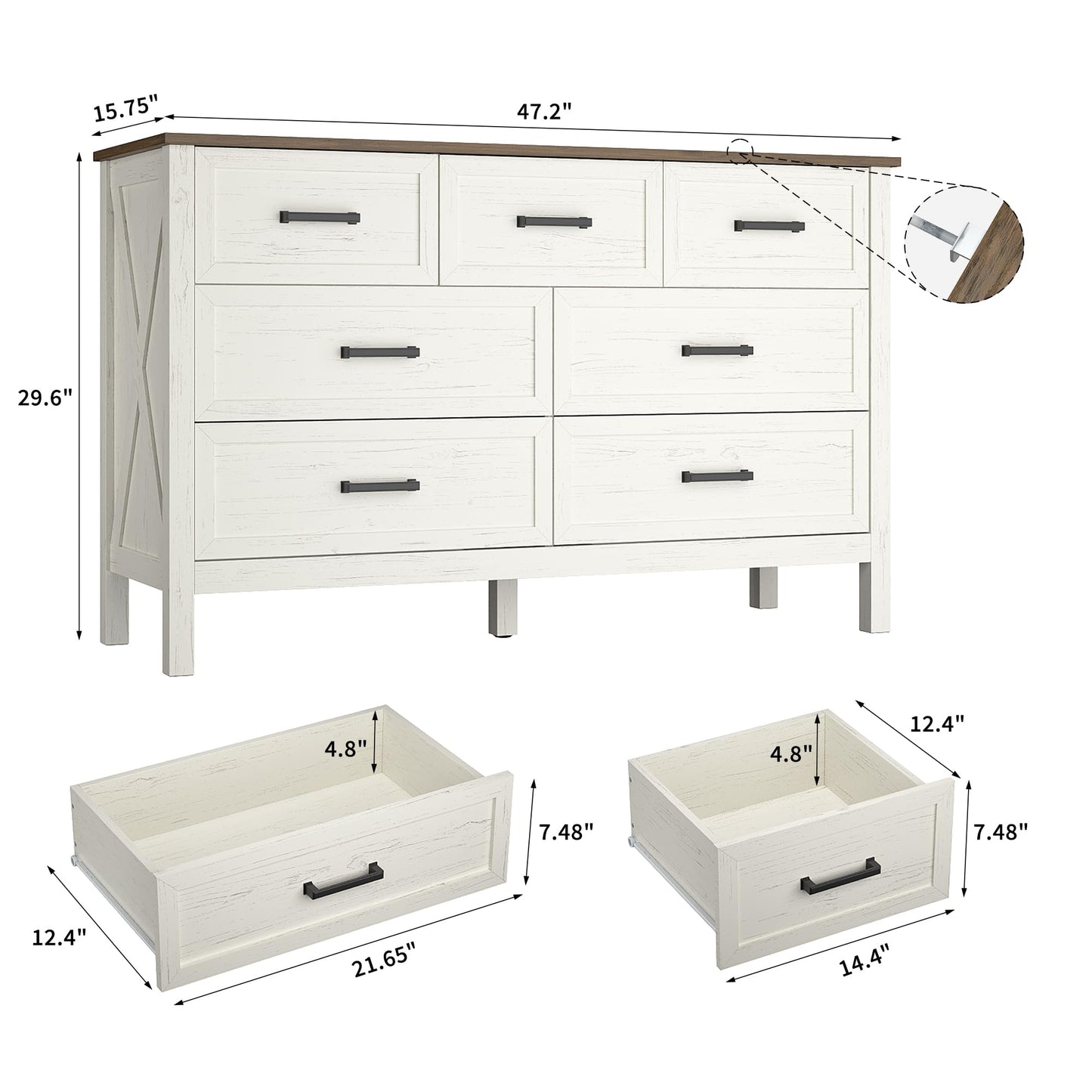 BAZELOR Farmhouse Dresser for Bedroom, 7 Drawers Dresser with Natural Texture, Wood Rustic Wide Chest for Bedroom, Hallway, Entryway, Antique White