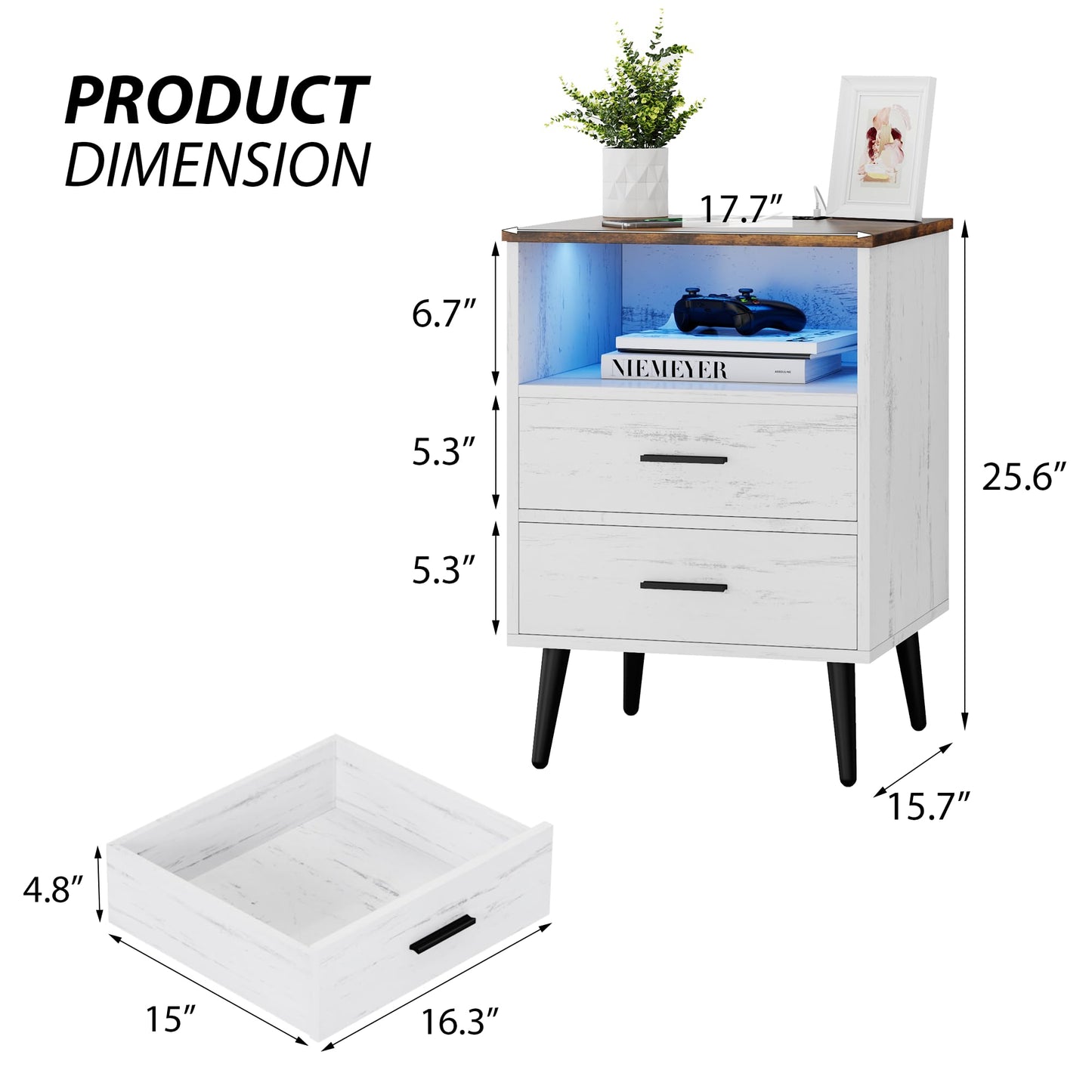 Lareth Nightstand with Charging Station and LED Lights, 25.6" H x 15.7" D Farmhouse Wooden End Table with 2 Drawers, Smart Bedside Table for Bedroom, Small Space, Antique White