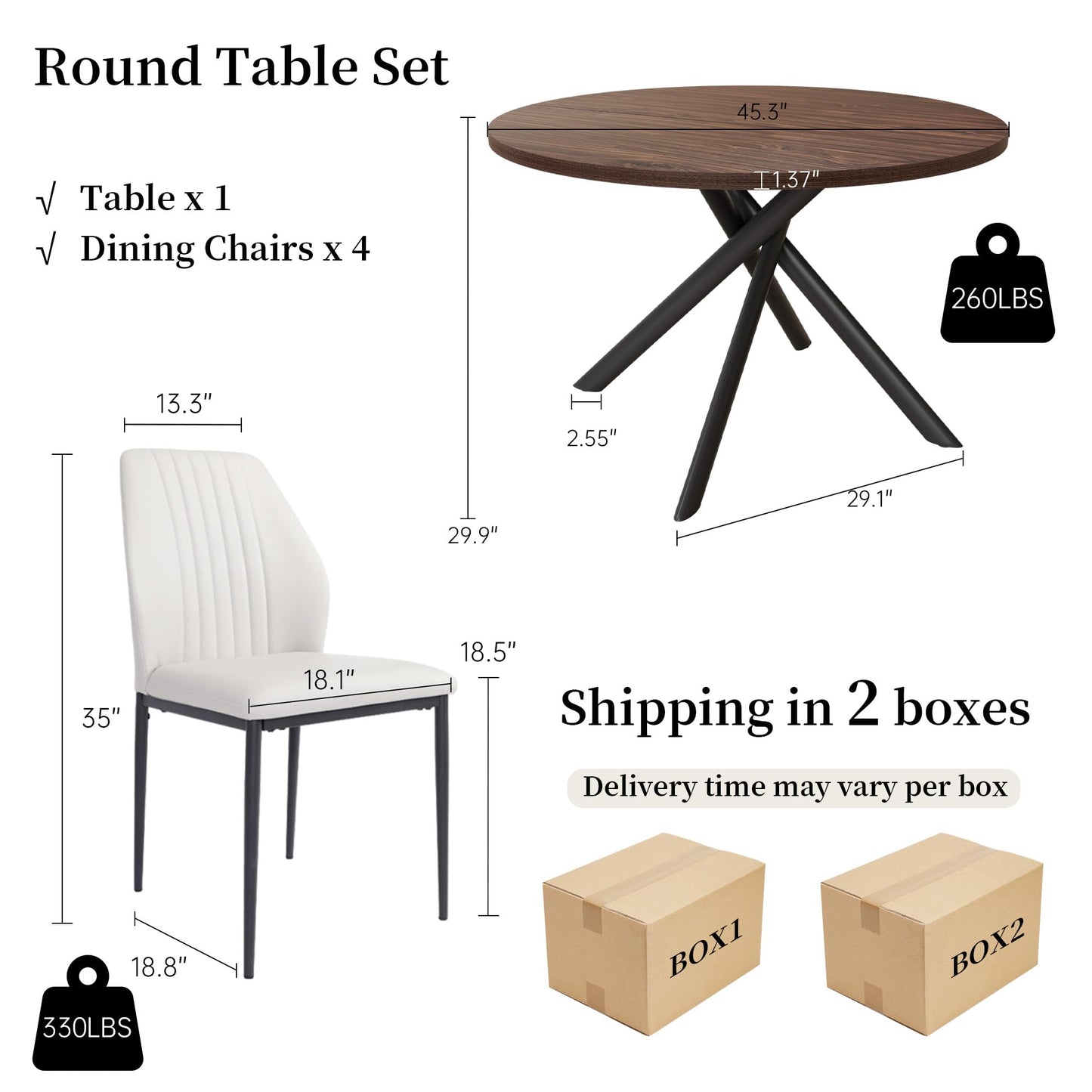 HIPIHOM 45.3'' Walnut Round Dining Table Set for 4, Mid Century Modern Small Coffee Set for Dining Room Kitchen Apartment (Walnut Table + 4 White Chairs)