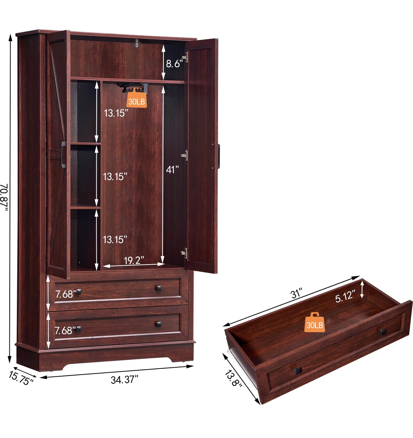 SOOWERY Dresser for Bedroom, Farmhouse Dresser with 2 Wooden Drawers and Storage Cabinets, 71 Inches Tall Chest of Drawers for Bedroom, Living Room, Hallway, Dark Cherry