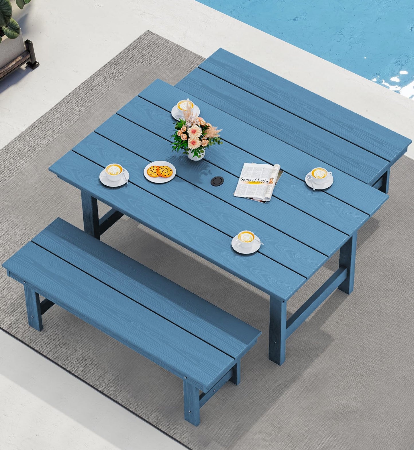 SERWALL Kitchen Table Set for 4,67" Extended Large Dining Table with 2 Benches, Blue