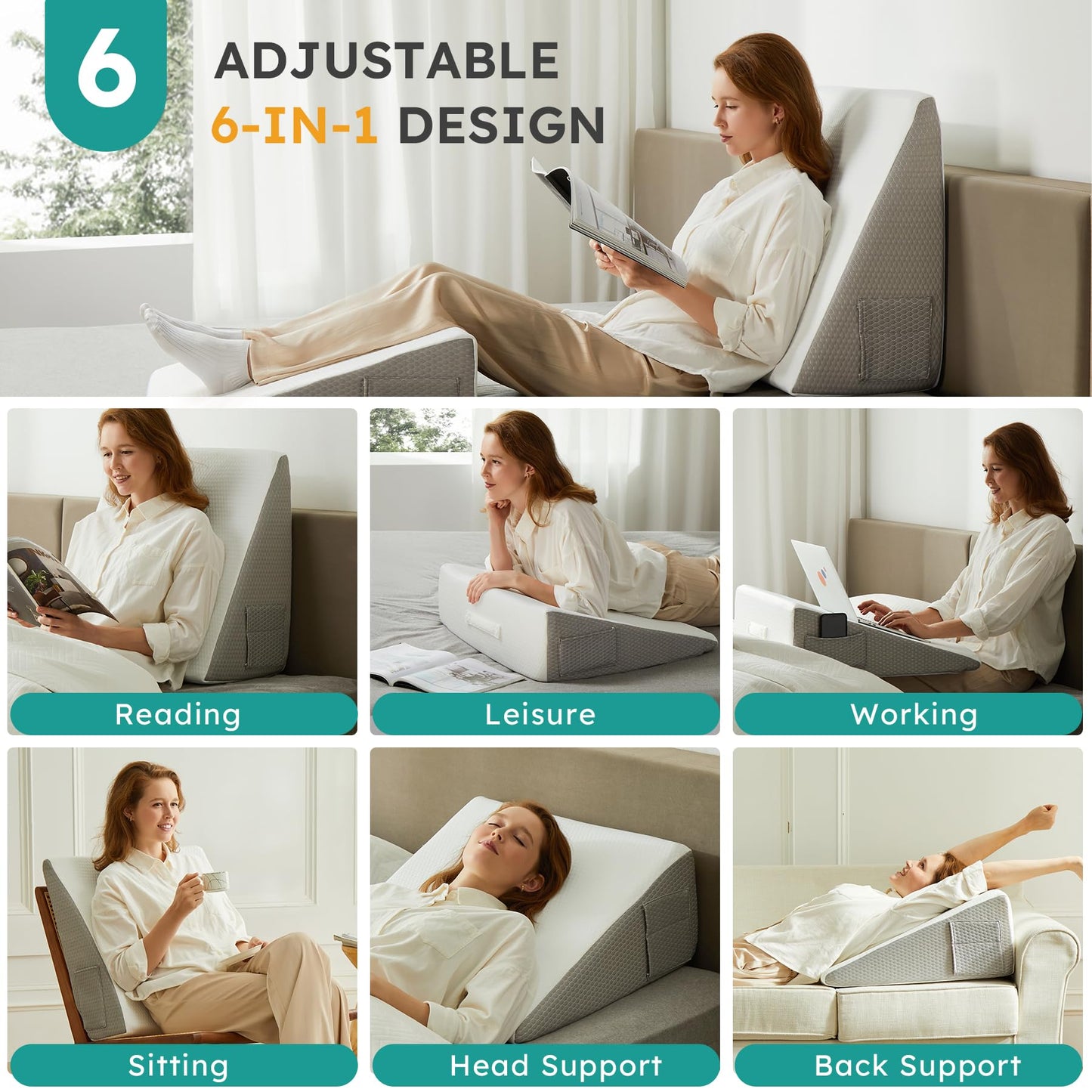 Bedluxe Wedge Pillow for Sleeping, 8 inch Bed Wedge Pillow, Elevated Body Pillow for Back Support, Acid Reflux, Leg, Neck Pain, Snoring, Triangle Pillow Wedge - Cooling Memory Foam Top, White/Grey