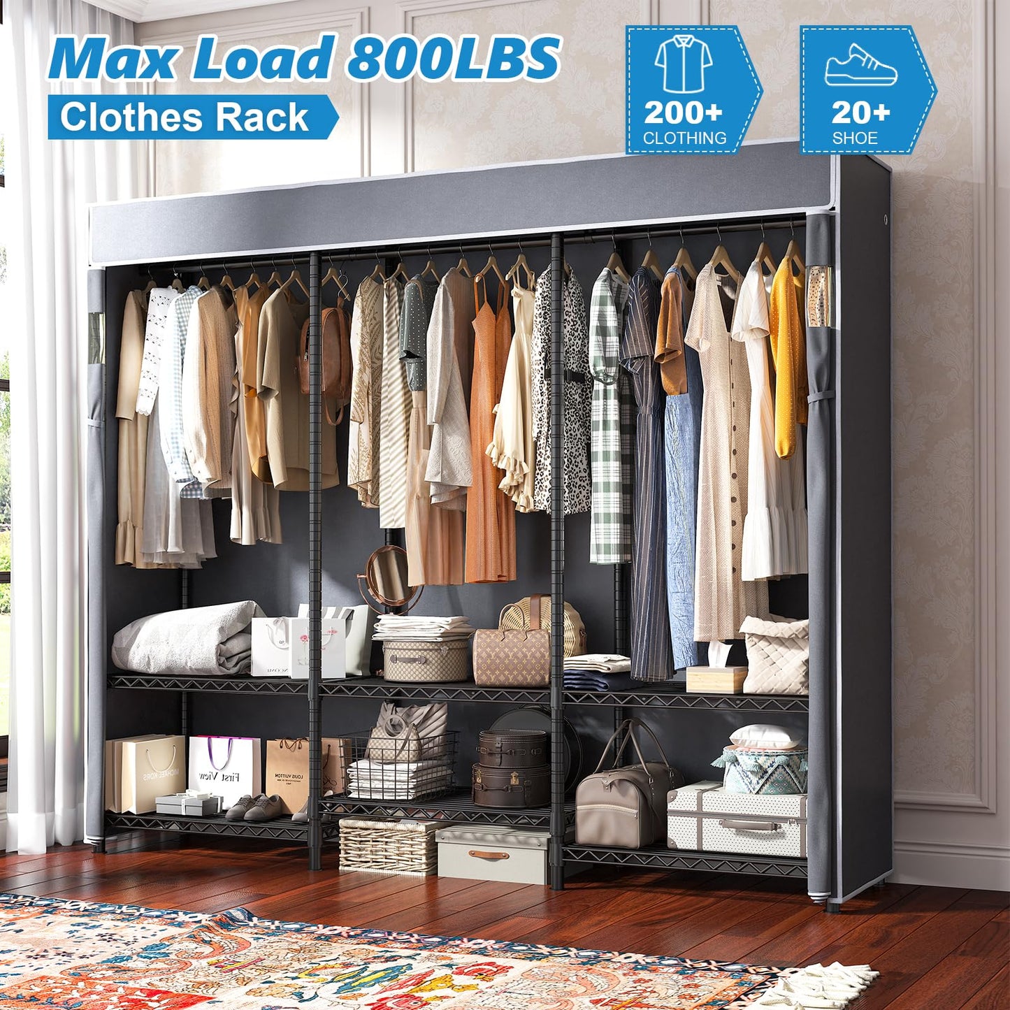 Raybee Heavy Duty Clothes Rack with Cover 800 LBS Clothing Racks for Hanging Clothes Portable Closet for Bedroom 56" Wx 16" Dx75.5 H